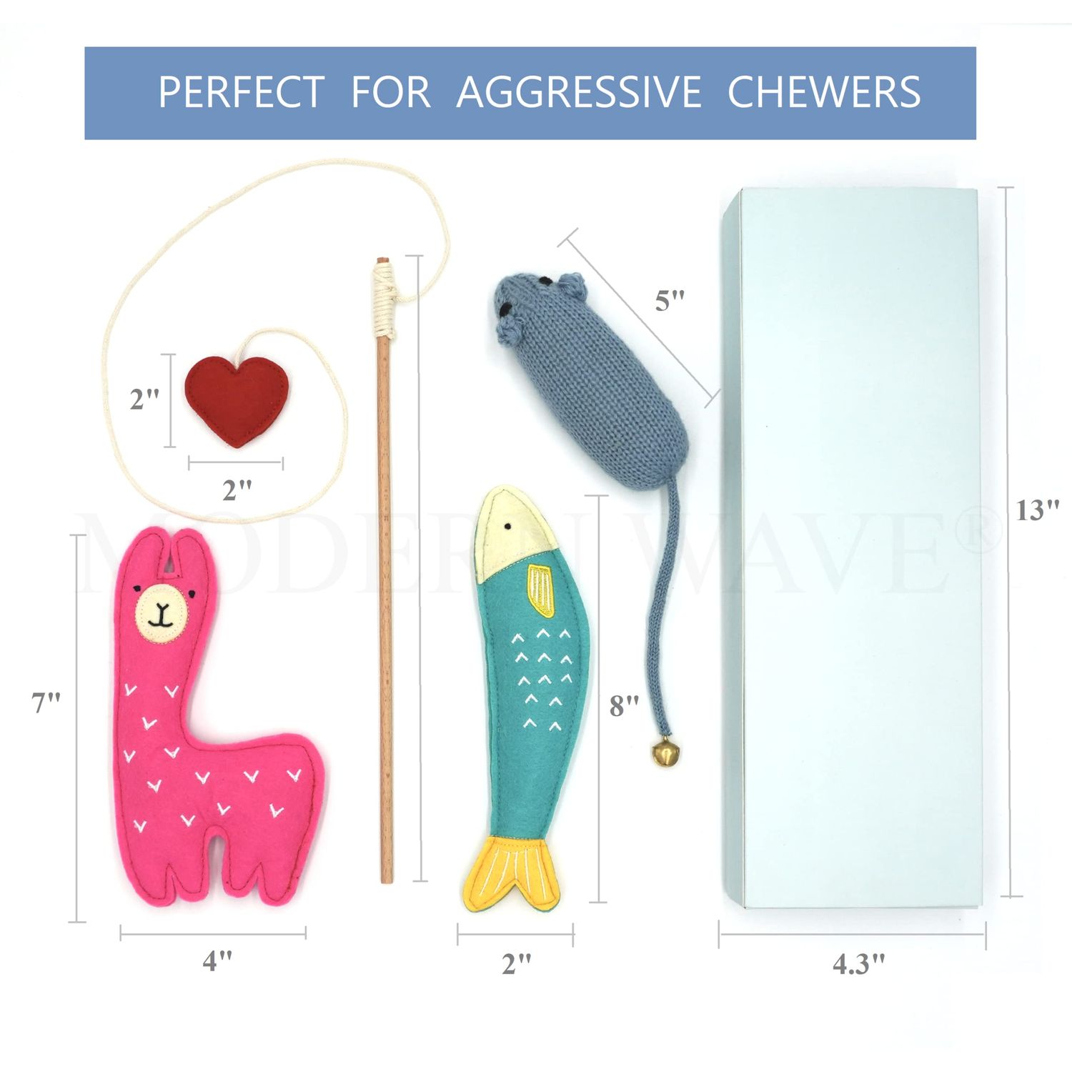 MODERN WAVE - Catnip Handmade Kittens Cats Toys Collection in Gift 4-Pack Box (Felted Fish, Lama, Knitted Mouse with Bell, Cat Heart Teaser)