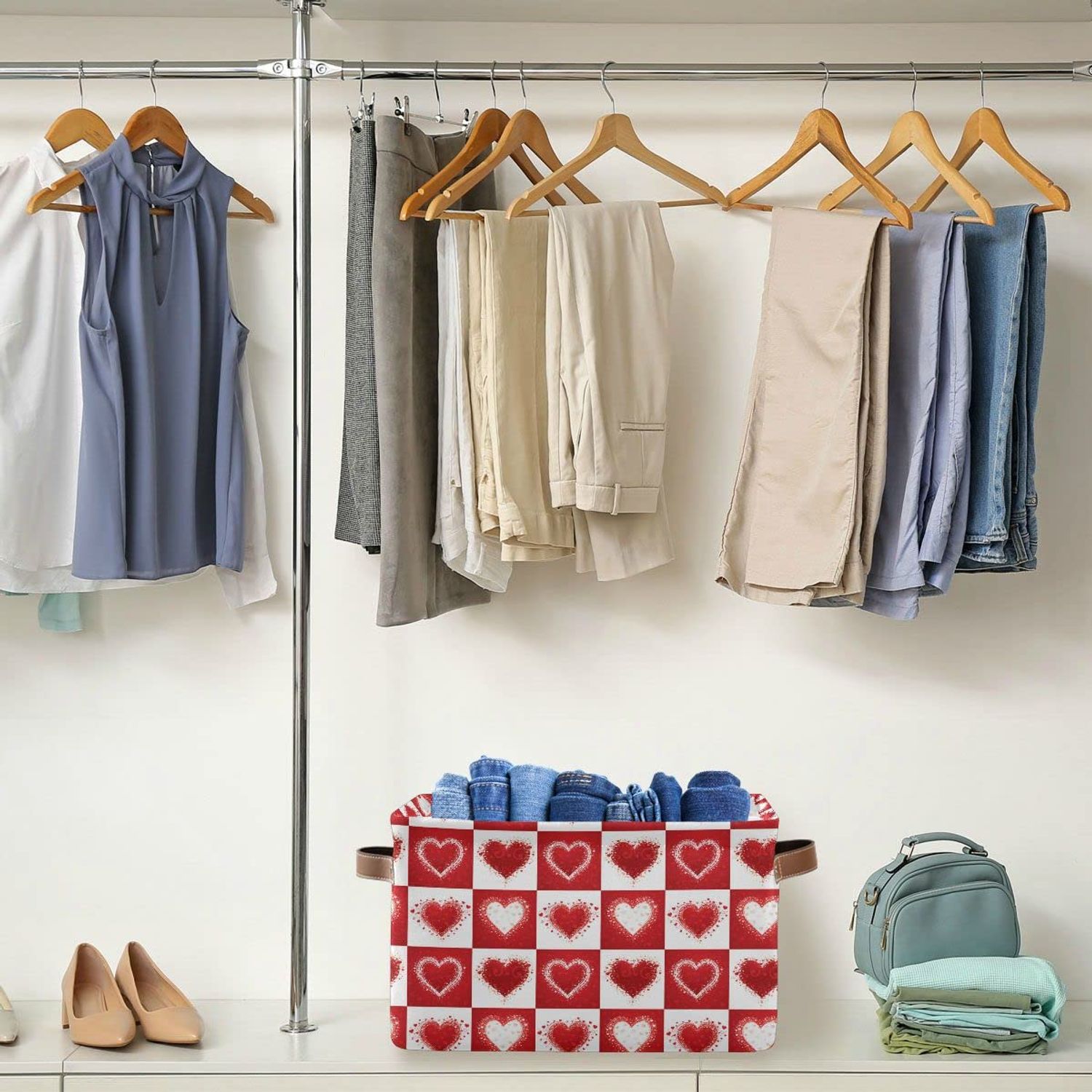 Happy Valentine's Day Love Heart Storage Basket Fabric Laundry Baskets Red White Buffalo Plaid Storage Boxes Organizer Bag for Baby Cloth Dog Toy Book Storage Cubes Shelf Closet Bins 16×12×8 Inches