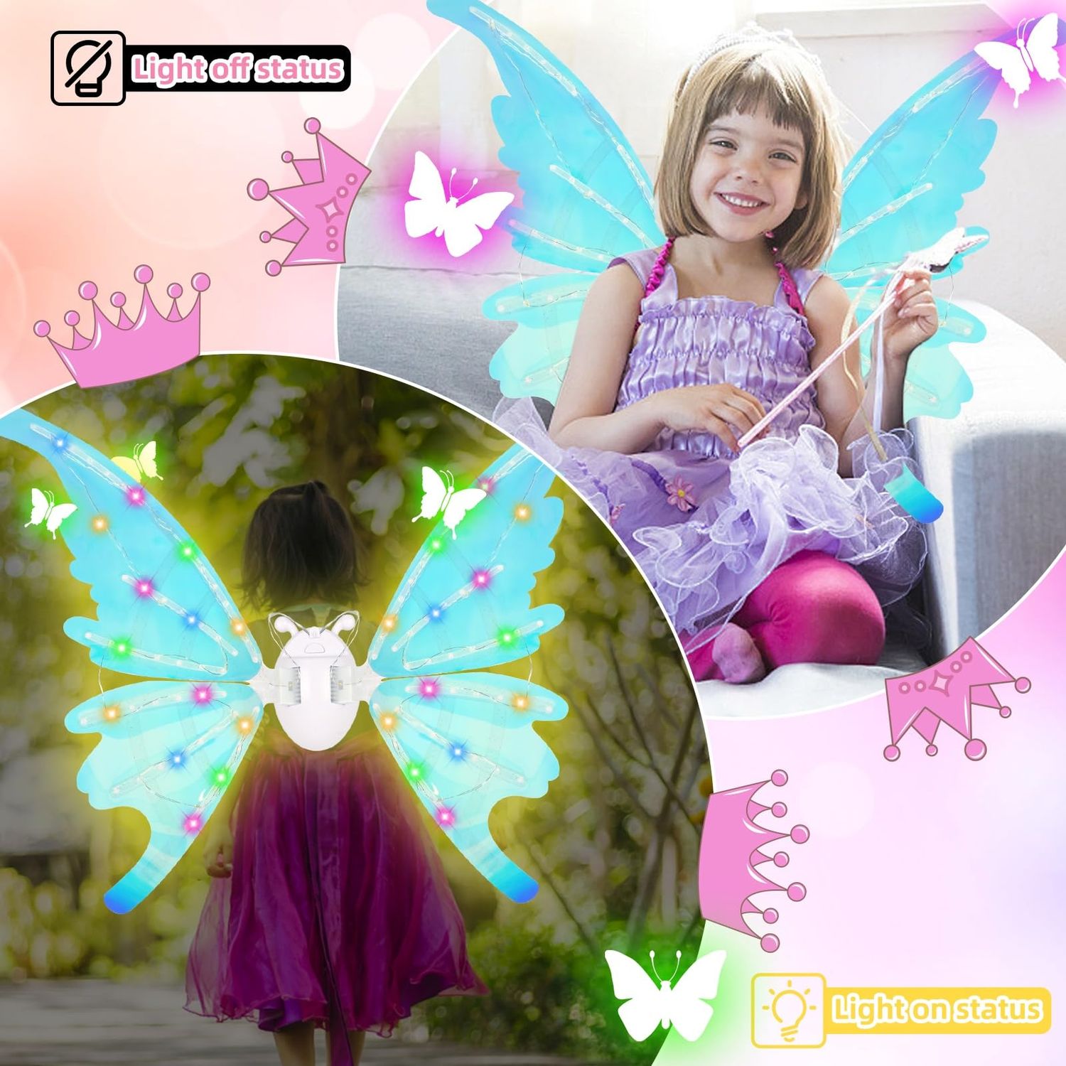 Audairex Light Up Butterfly Wings with LED Lights,Electric Fairy Angel Wings for Girls,Pet Sparkling Glowing Wings for Dog,Toy for Kids as Birthday Christmas Gift,Cosplay Princess Dress Up Party