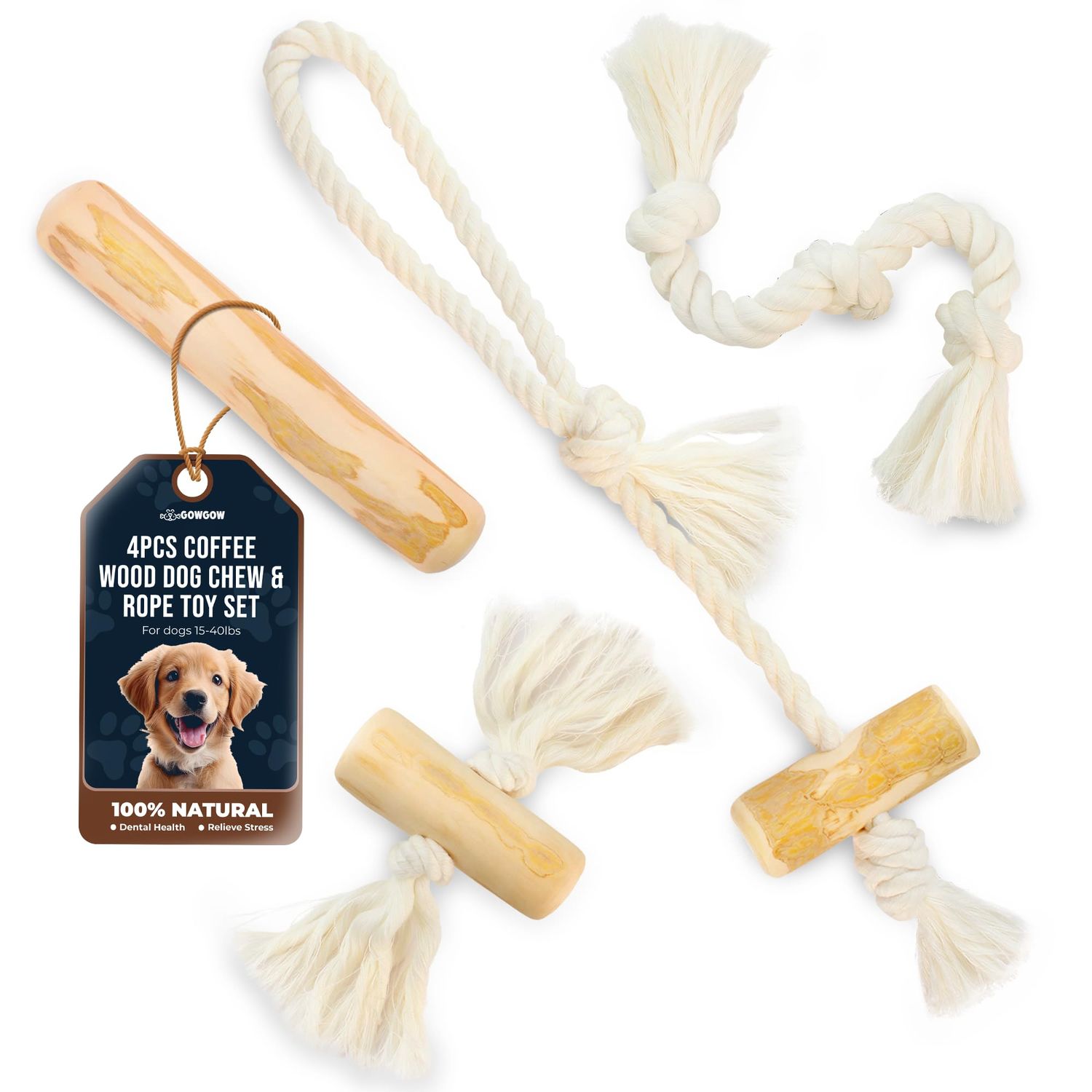 GOWGOW 4 Pack Coffee Wood Dog Chew, Wood Tug, Rope Tug & Rope for Small & Medium Dog 15-40 lbs, 100% Natural Teething Toys, Rope Toy to Keep Them Busy, Organic Dog Toy, Relieve Stress - Wooden Toy