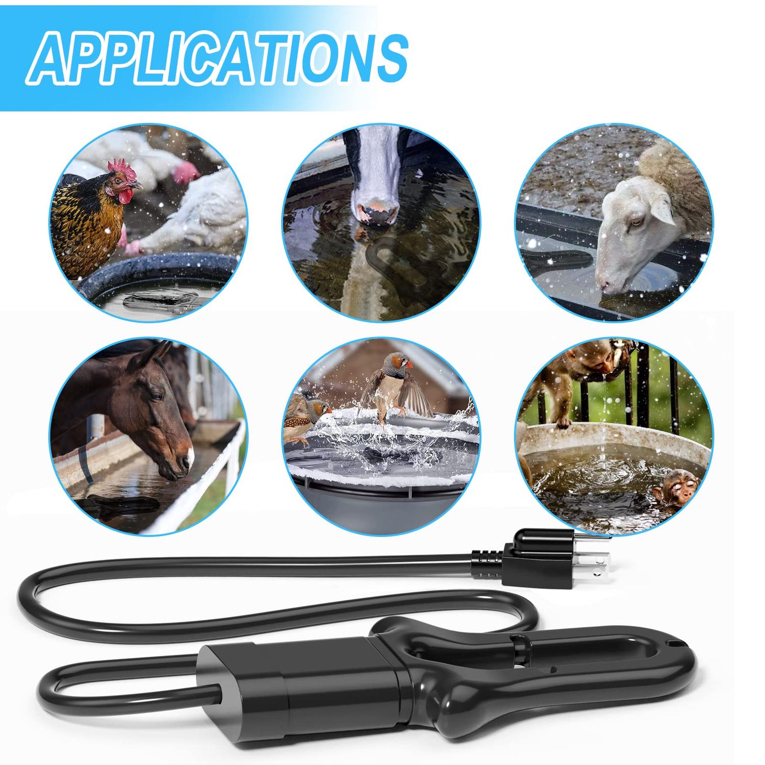 KNEOYR 500W De-icer Submergible Bird Bath Heater Aluminum Cast for Livestock Poultry Horses, Cows, Birds, Wildlife Drinking Indoor Outdoors in Winter with 9.8 Foot Cord Birdbath Water Heater