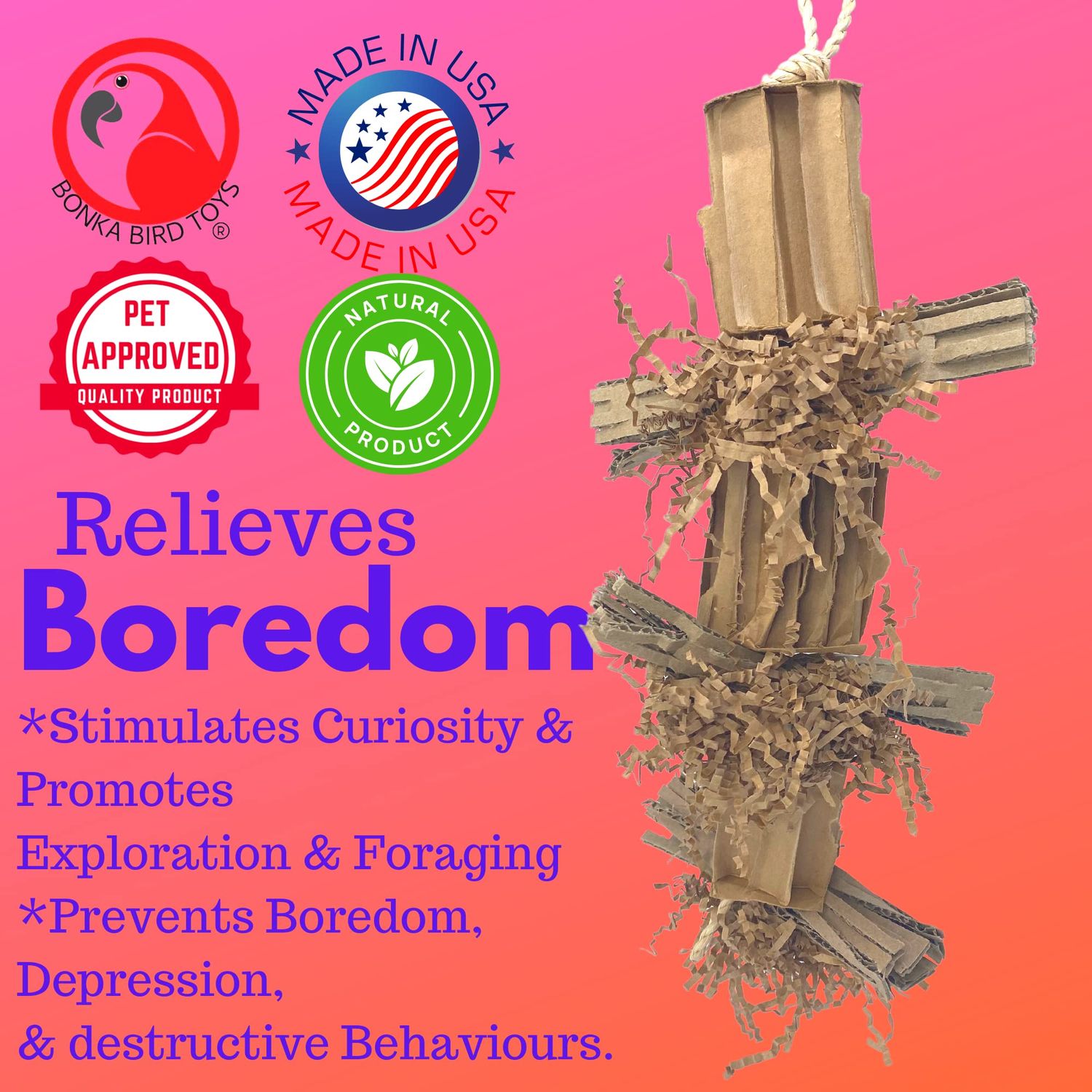 Bonka Bird Toys 3858 Duo Natural Boxy Eddy Foraging Shred Small Medium Bird Toy Cardboard Waffle Crinkly Paper Conures Parakeets African Greys and Other Similar Birds