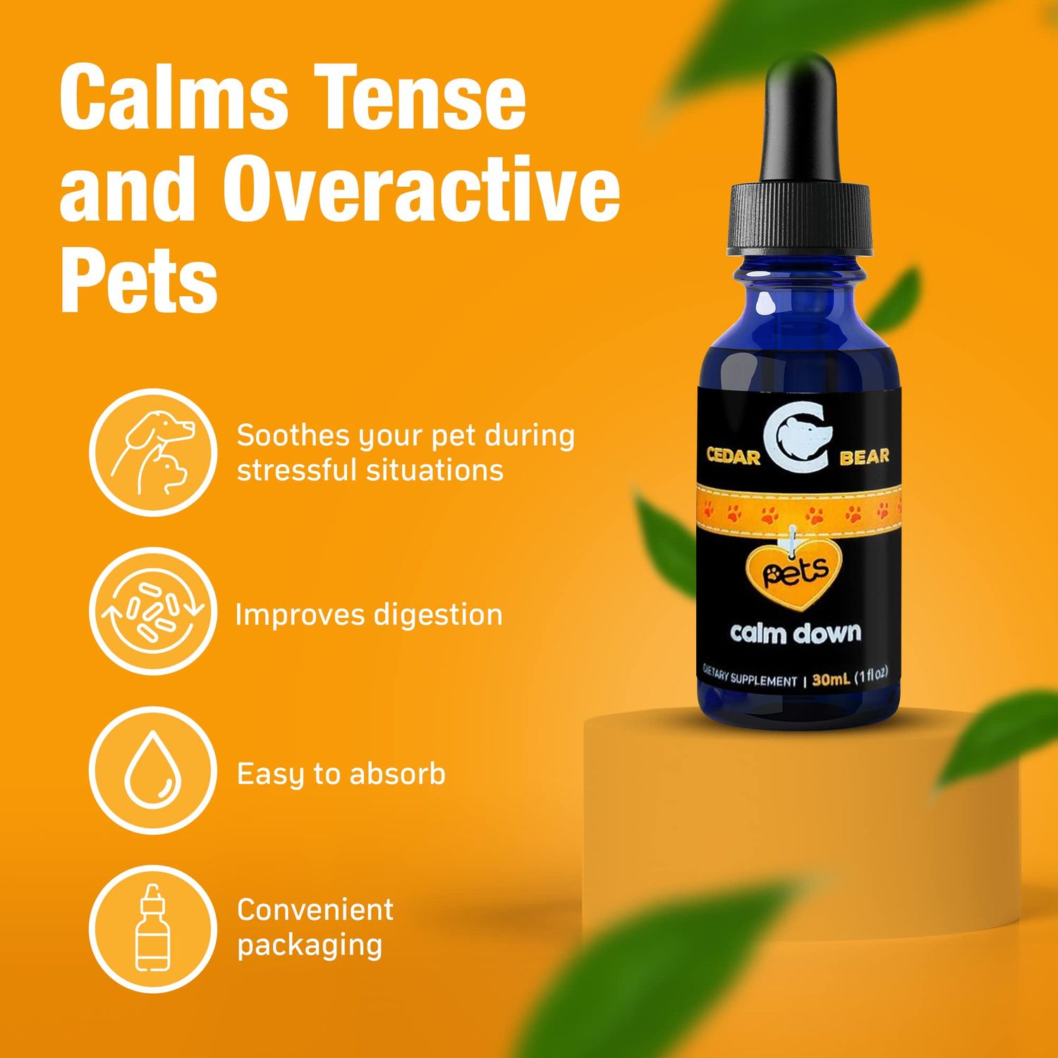 Cedar Bear - Pet’s Calm Down - All-Natural Dog Supplement for Stress Relief, Alcohol-Free Cat Calming Products, Also for Birds & Exotic Pets, 1 fl oz/30 ml