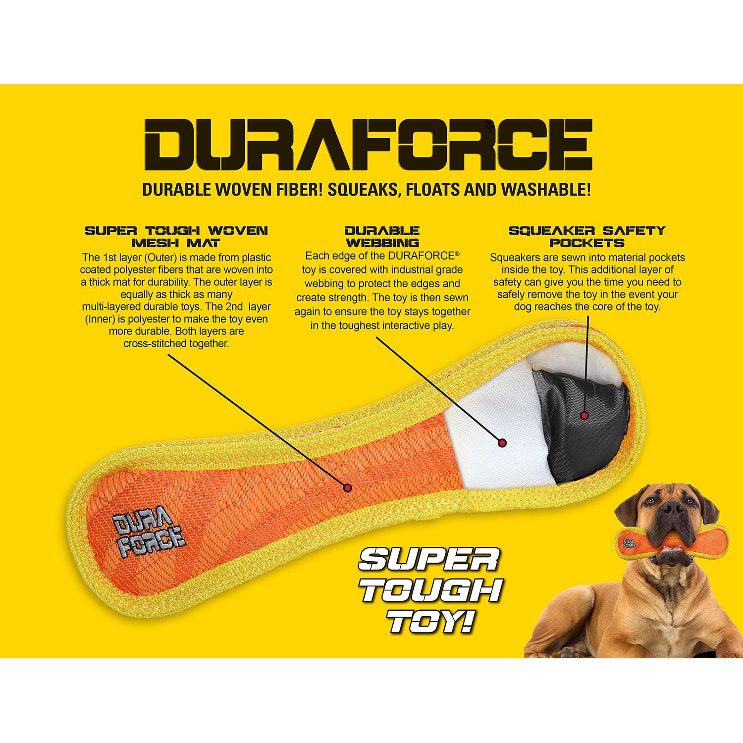 DURA FORCE Durable Woven Fiber - Butterfly - Squeakers - Multiple Layers. Made Durable, Strong & Tough. Interactive Play Dog Toy (Tug, Toss & Fetch). Machine Washable & Floats (Orange Butterfly)