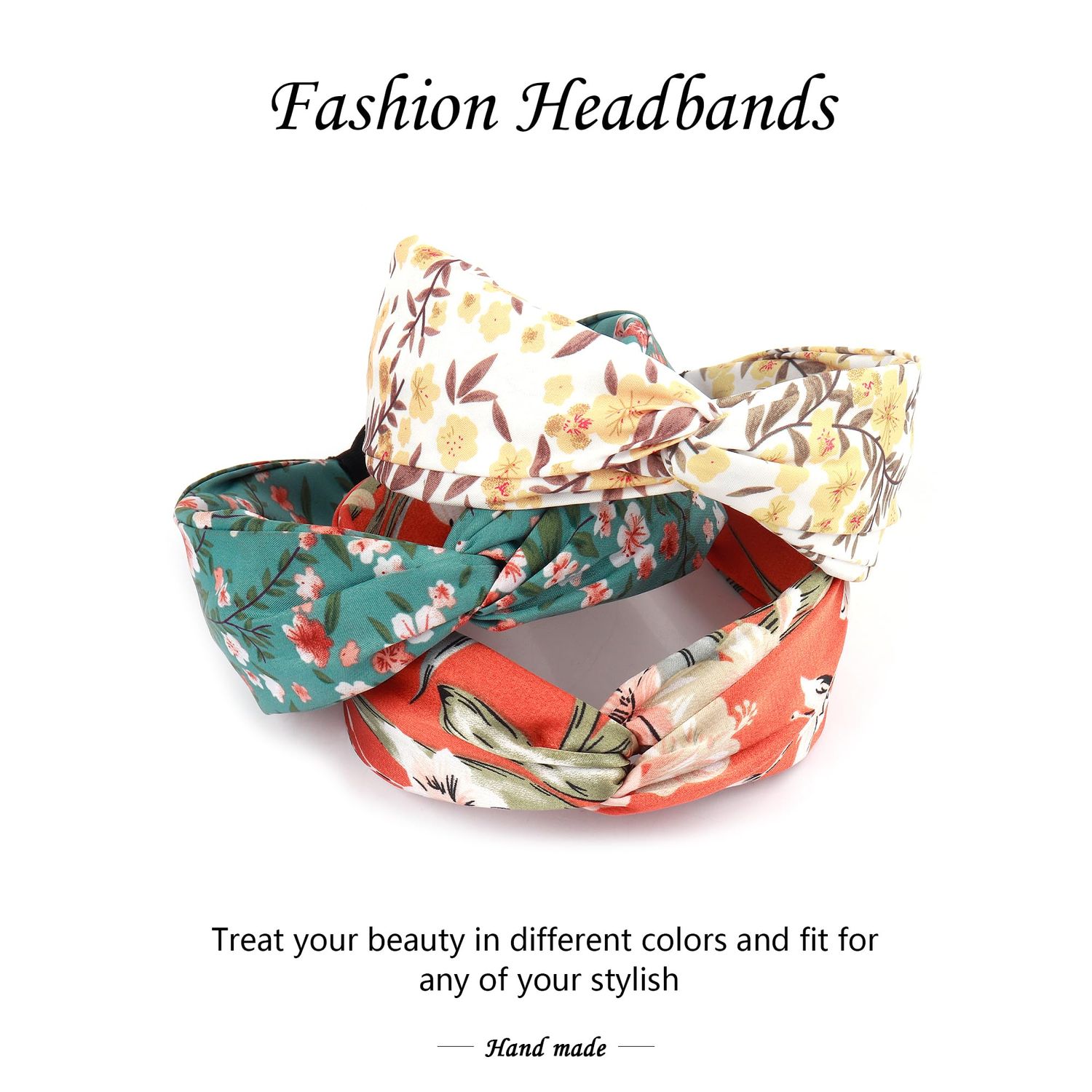 Beauty.H.C Headbands for Women, Wide Knotted Headbands, Fashion Flroal Pattern Headbands Chiffon Satin Boho Headbands, Hair Accessories for Women and Girls, Non Slip & One Size (3 PCS)