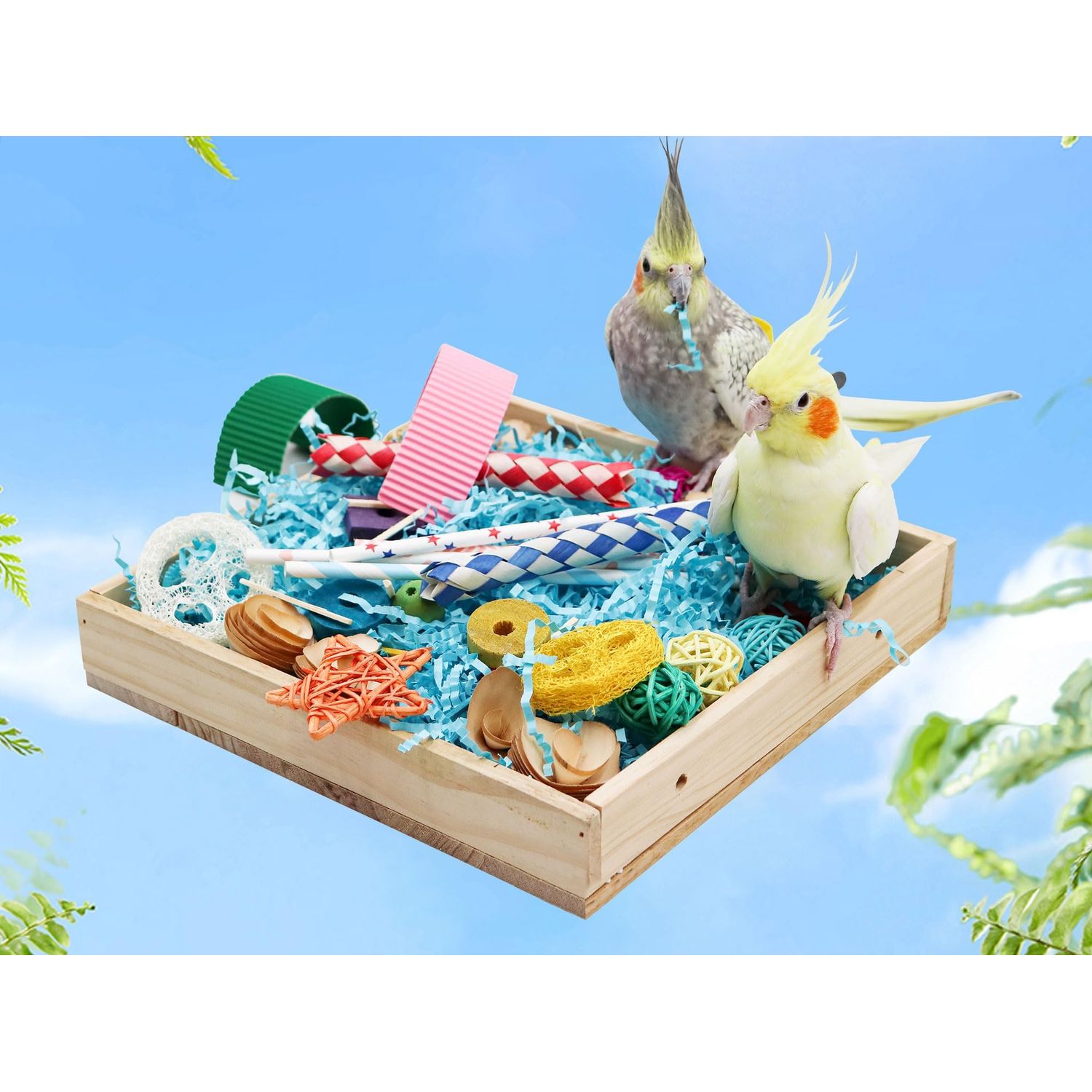 Jinkoozz Bird Foraging Toys Box, Wooden Parrot Shredding Toys Box, Bird Chewing Toys, Birdcage Accessories, Suitable for Small Birds Parakeets Cockatiels Love Birds Conures