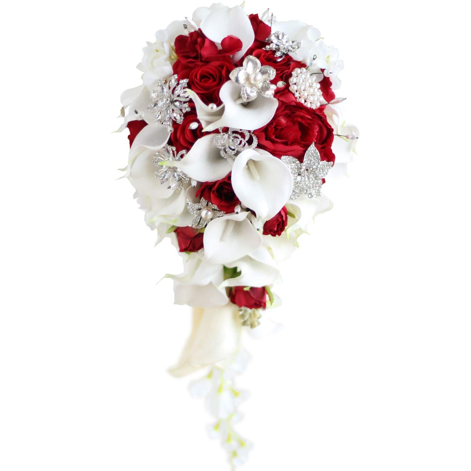 IFFO Bridal Bouquets for Wedding, Calla Lilies Simulation Rose Diamonds Pearl Bride Wedding Bouquet, Romantic Wedding Party Decoration Confession (red)