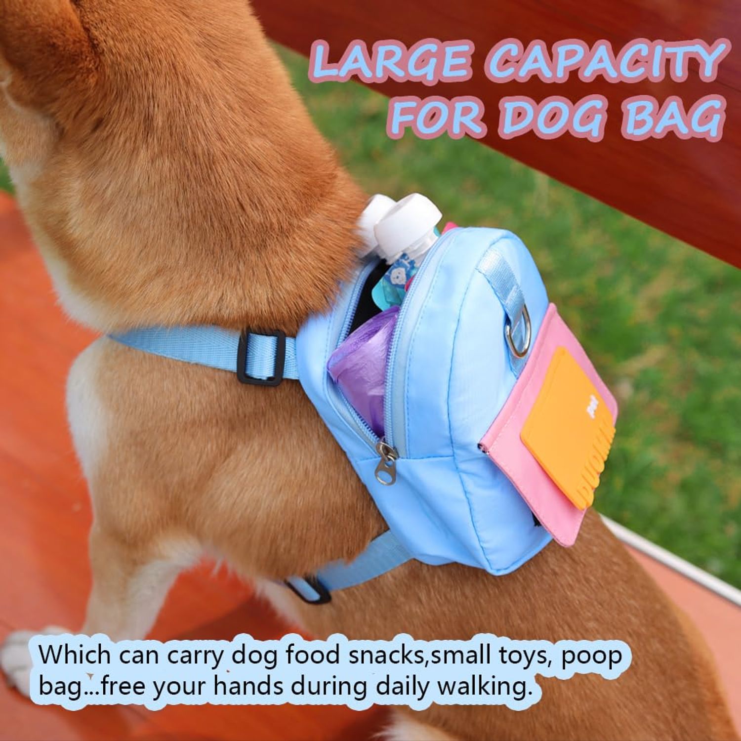 DoggieKit Dog Backpack Harness with Leash,Cute Pet Puppy Backpacks Bulid-in Dog Poop Bag Dispenser,Adjustable Pets Self Carrier Bag for Small Medium Dogs Travel Hiking Daily Walking (M, Blue)