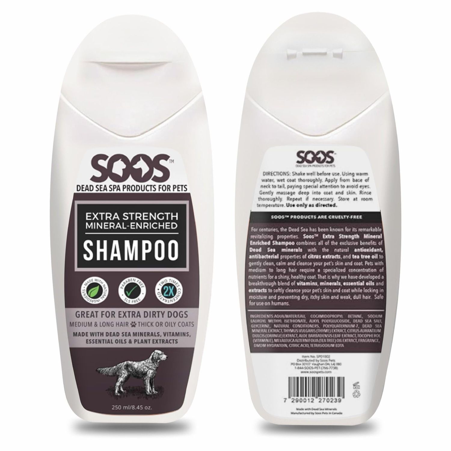Soos Pets Shampoo Extra Strength for Cat and Dog Shampoo Natural Dead Sea Mineral Enriched Fast Absorbing with Vitamins Essential Oils Natural Ingredients Antib-acterial - 1x 250ml