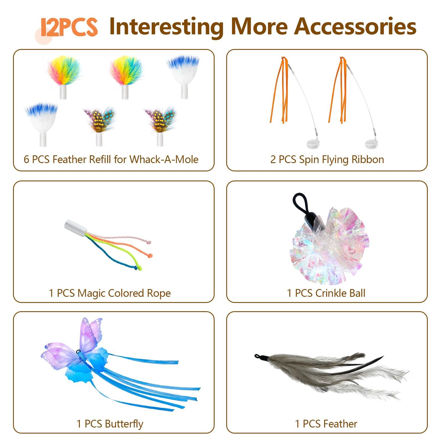 ORSDA 12 PCS DIY Replacement for 5 in 1 Cat Toys Interactive Kitten Toys for Indoor Cats with Feather Spinning Flying Ribbon, Butterfly, Crinkle Balls