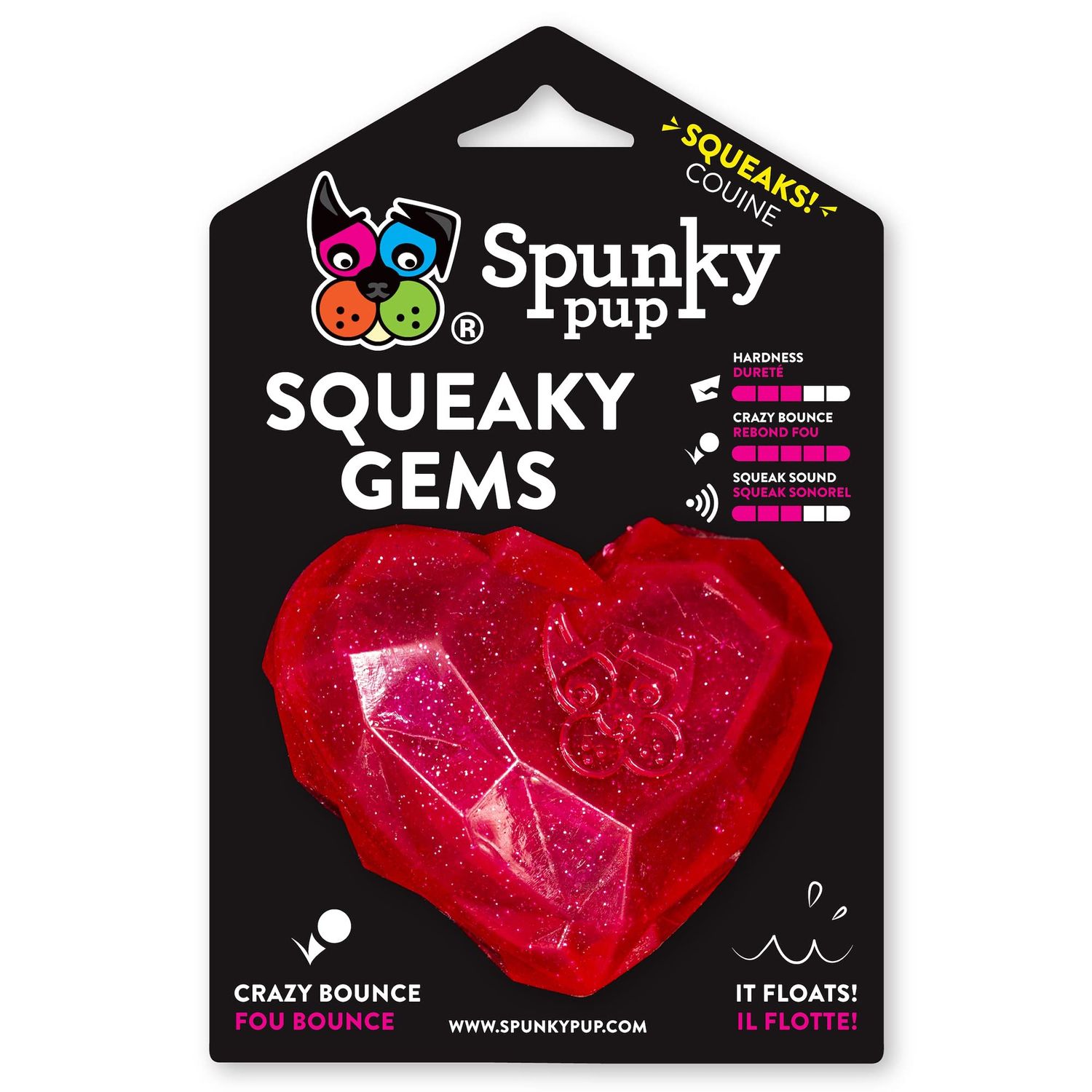 Spunky pup Squeaky Gems Heart Dog Toy | Fun Squeak | Crazy Bounce Gem Cut Shape that Floats | Non-Toxic Rubber | Dishwasher Safe | Perfect Toys for Small to Medium Breeds