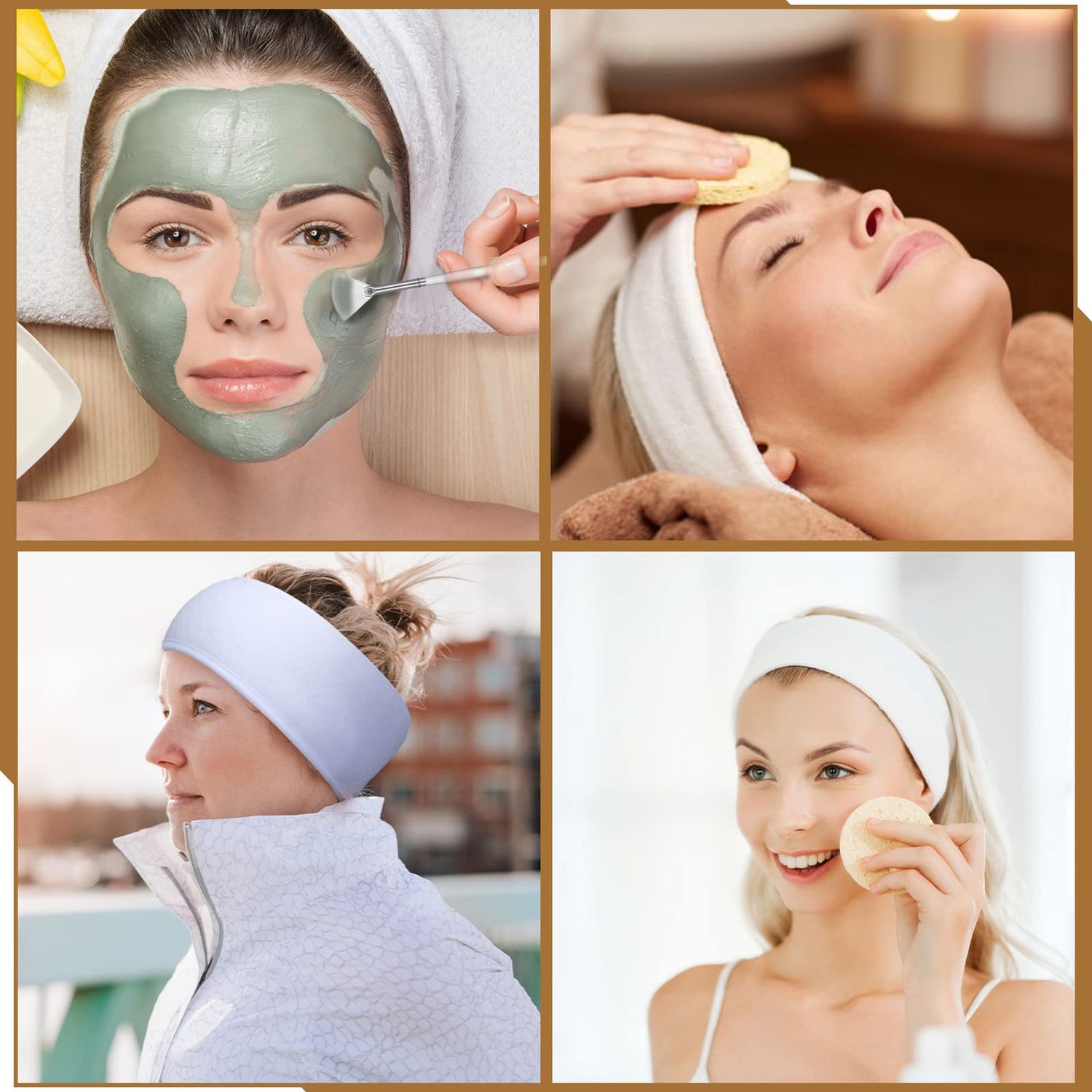 4 Pcs Spa Facial Headband Makeup Head Wrap Adjustable Towel with 30 Pcs Compressed Facial Sponges, 4 Pcs Facial Mask Fan Brushes for Facial Esthetician Supplies (Yellow, White, Orange)