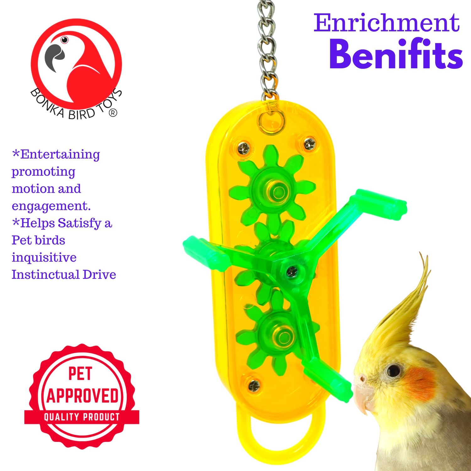 Bonka Bird Toys 0044 - Small Gearhead Mechanical Puzzle Toy (12" x 3") - Bulletproof Fun for Ringnecks, Pionus, Quakers, and Similar Sized Birds