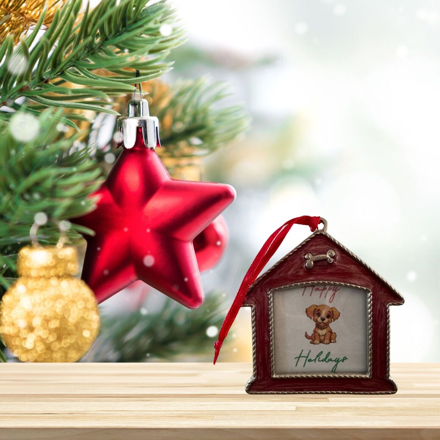 Pet Studio Christmas Dog House Frame & Ornament Red 1.5" x 2" Puppy Holiday Gift