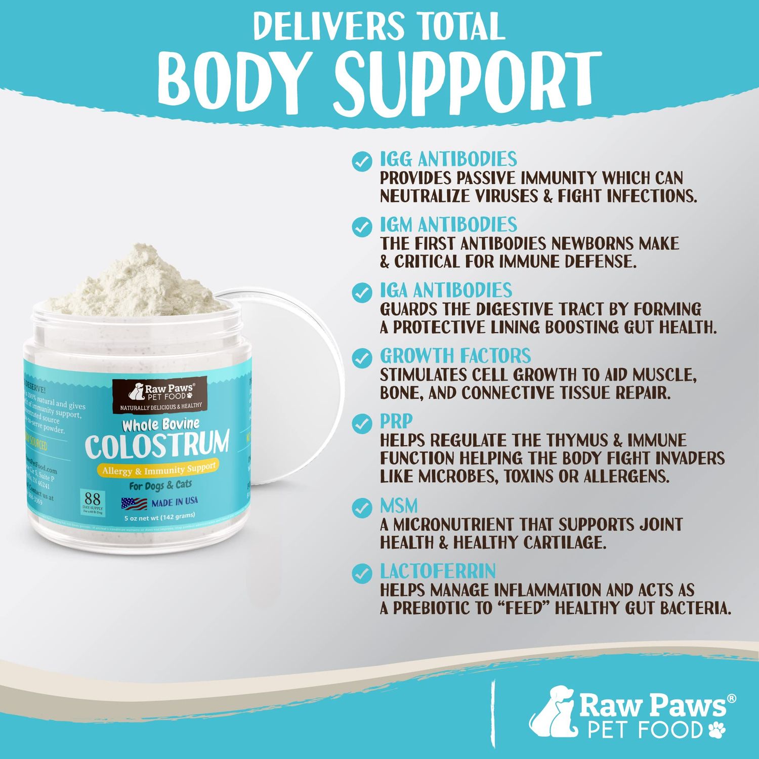Raw Paws Pet Bovine Colostrum for Dogs Allergies & Immune Support, 5-oz - Made in USA - Colostrum for Cats - Senior Dog Supplements - Itchy Skin Treatment - All Ages, Sizes & Breeds