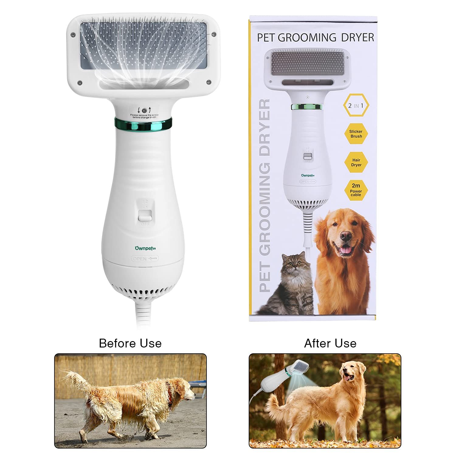 Ownpets Pet Hair Dryer, 2 in 1 Quiet Portable Pet Grooming Blower with Slicker Brush, Adjustable Temperature & Fast-Drying Towel, Home Pet Care for Dogs, Cats & Other Coated Breed