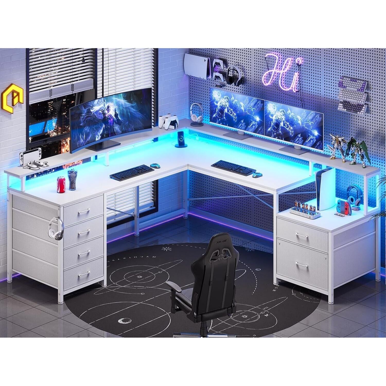 L Shaped Desk with 6 Drawers &Monitor Shelf, Gaming Desk with Led Lights (White)