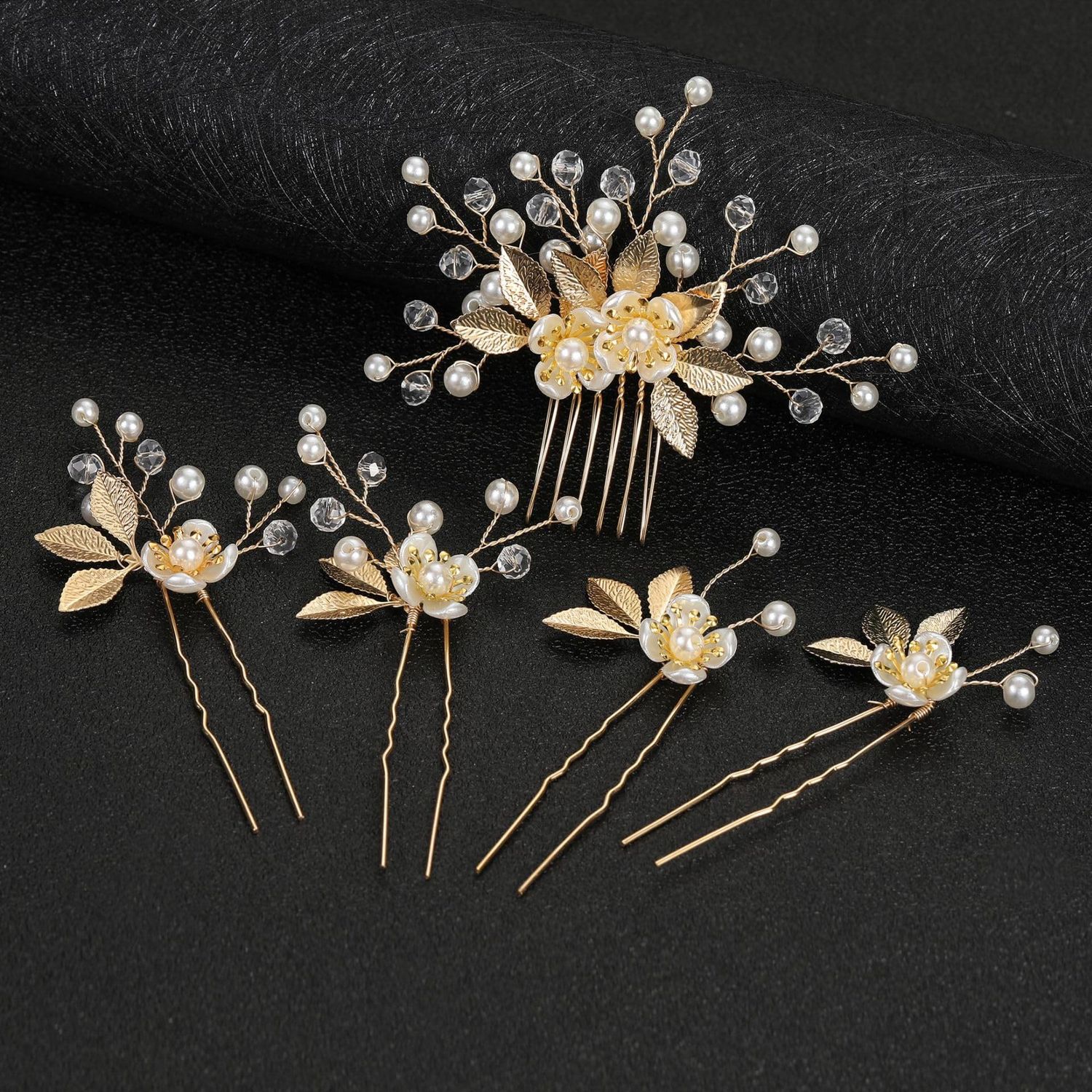 CASOLVX 5 Pieces Gold Leaf Hair Pins Bride Hair Clips Headpiece Flower Pearl Hair Forks Classic Wedding Hair Accessories for Women, Brides and Bridesmaids