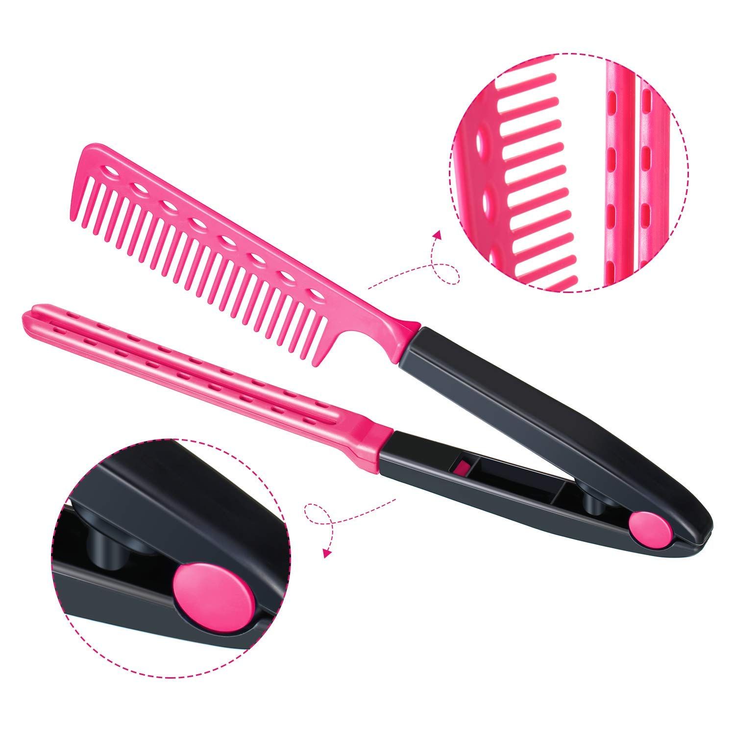 EasyGlide-V Hair Straightener and Detangler Comb - Rat Tail Style V-Comb For Hair Sectioning | Flat Ironing | Blow Drying | Keratin Comb for Tangled Hair | Spring Grip | Heat Resistant (Pink)