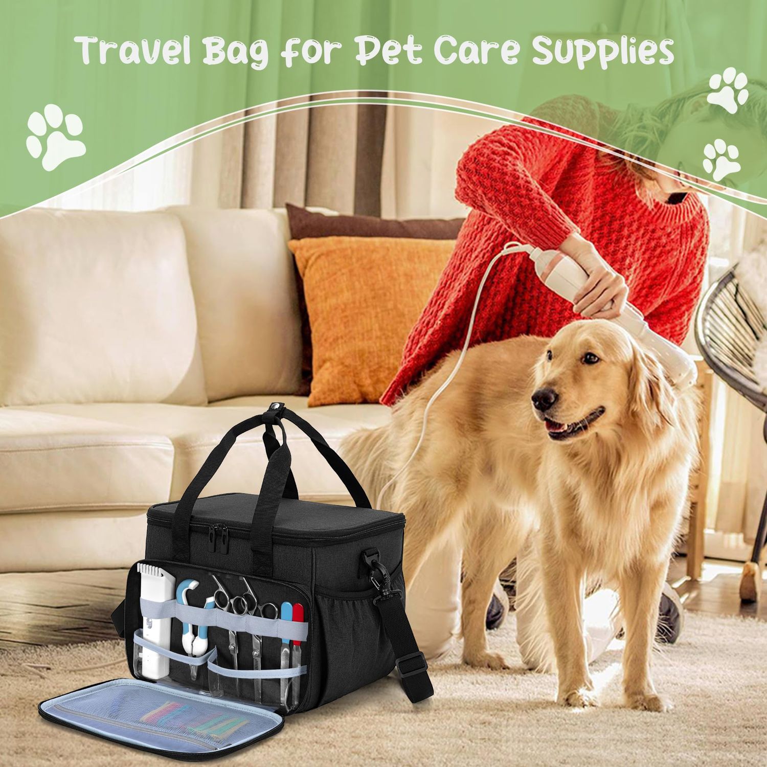 CURMIO Pet Grooming Tote Bag, Pet Grooming Supplies Organizer for Cat Dog grooming kit, Pet Supplies Storage Bag for Dog Cat Clippers, Brush, Scissors or Other Pet Care Supplies, Black (BAG ONLY)