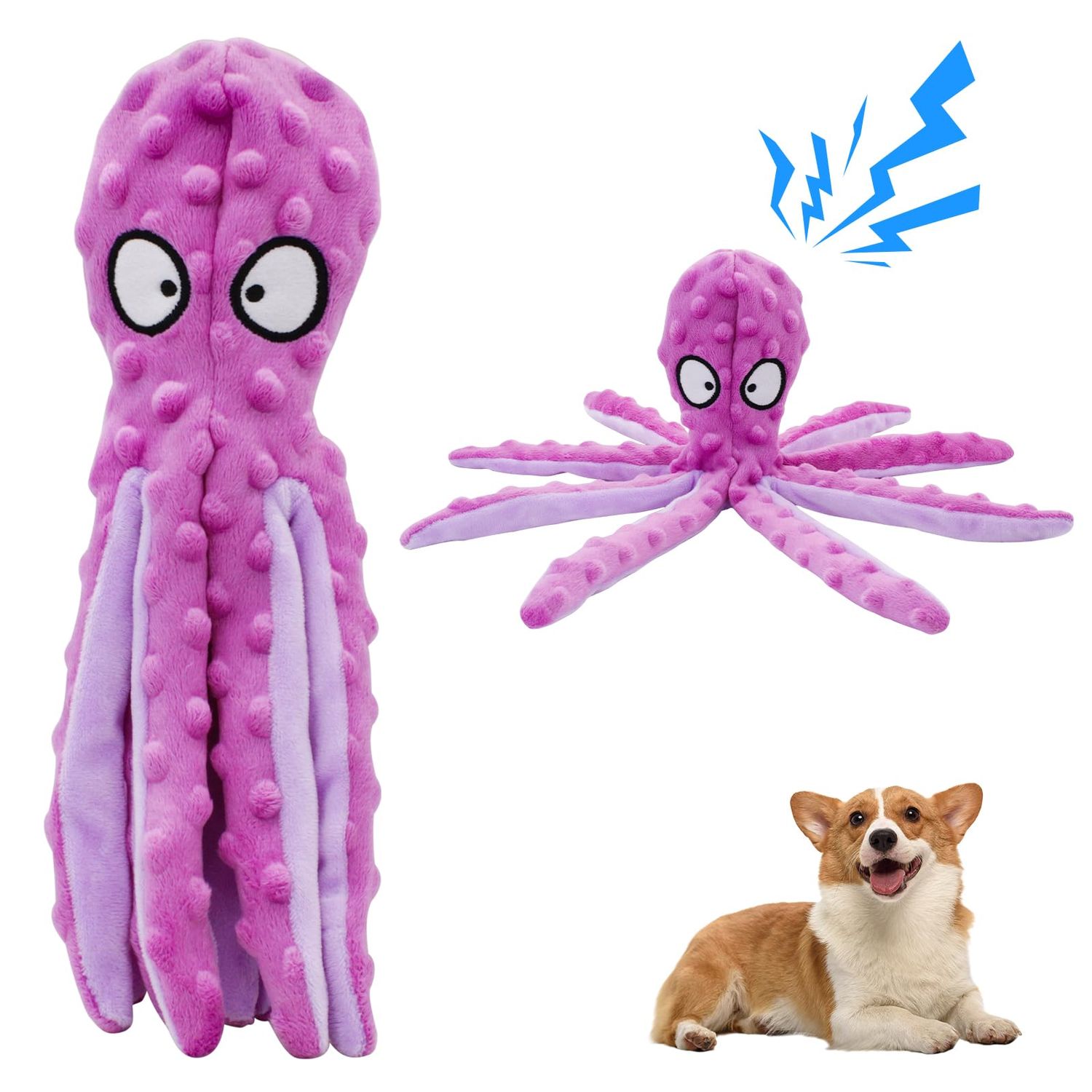 LuckyOpt Squeak Dog Toy, 12.5In Plush Octopus Dog Toy with Crinkle Paper and Squeaky Inside, No Stuffing Dog Toys for Indoor Dog (Purple)