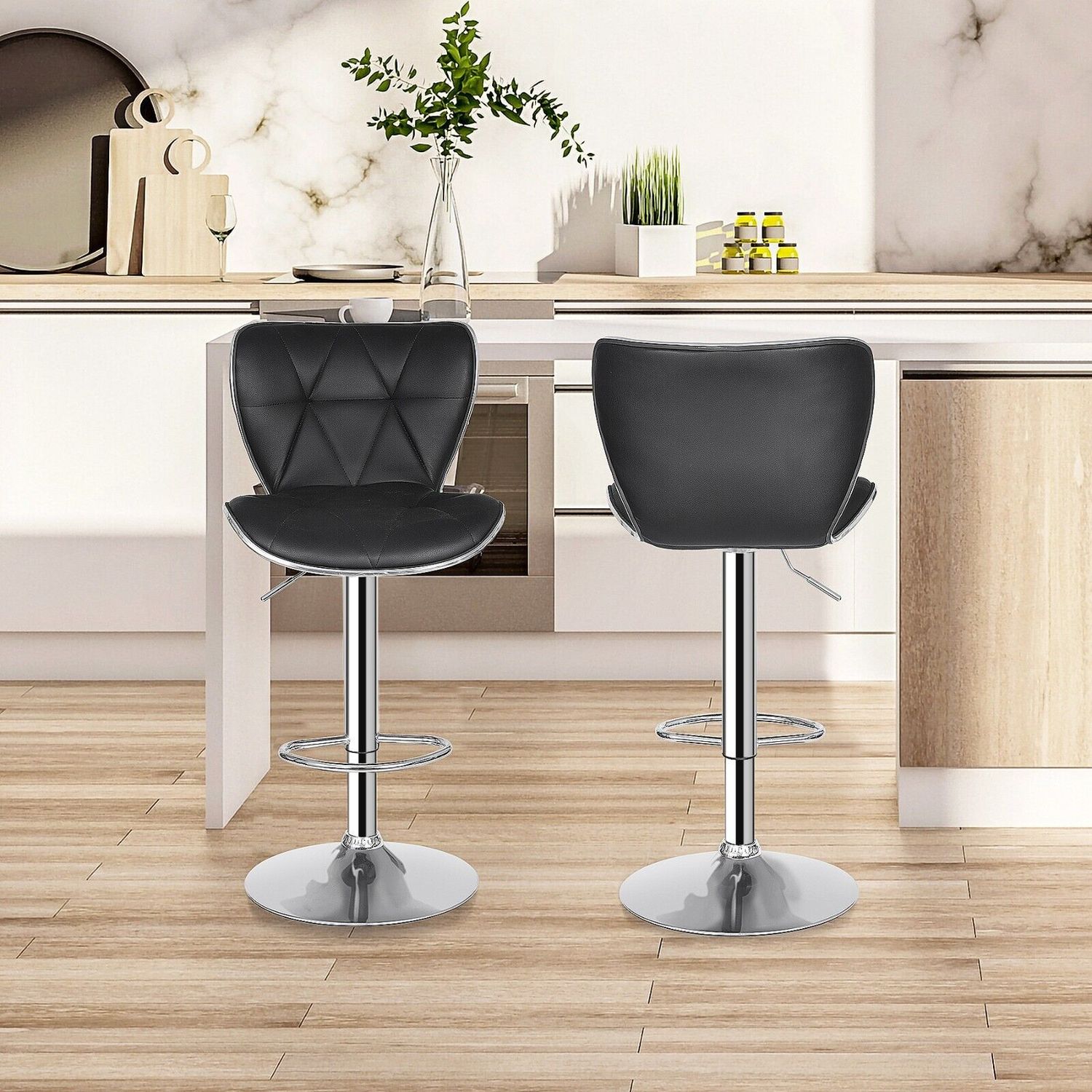 Set of 4 Black Bar Stools w/Shell Back PU Leather Back Adjustable Swivel Stools