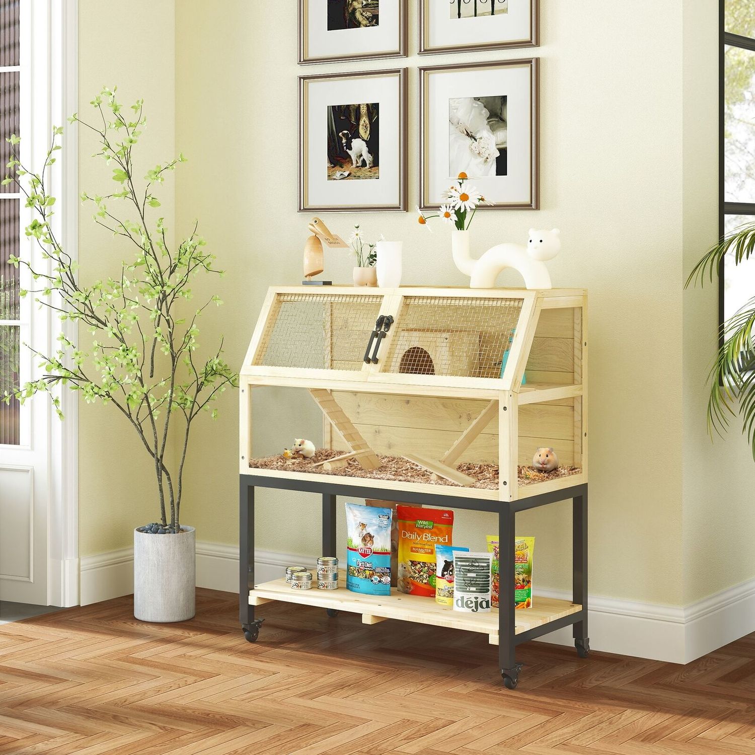 Hamster Cage on Wheels with Storage Shelf, 34"L x 17"W x 40"H