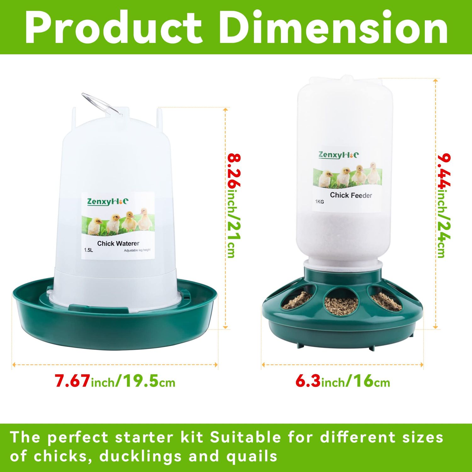 ZenxyHoC Chick Feeder and Waterer Kit, 2.2LBS Chick Feeder and 0.4Gal Chick Waterer with 3 Adjustable Heights Combo for Baby Chicken Duck Brooder