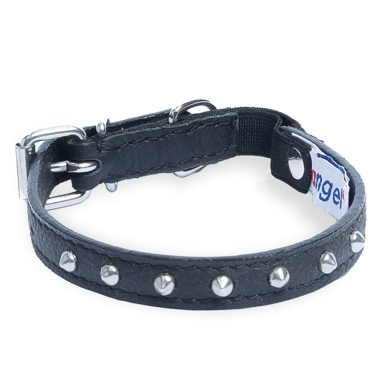 Studded Cat Collar, Genuine Leather Kitten Collar, Sturdy Breakaway Cat Collar, Water-Resistant Cat Collar with Bell & Elastic Stretch, Midnight Black, 10 x 1/2 inches - Angel Pet Supplies
