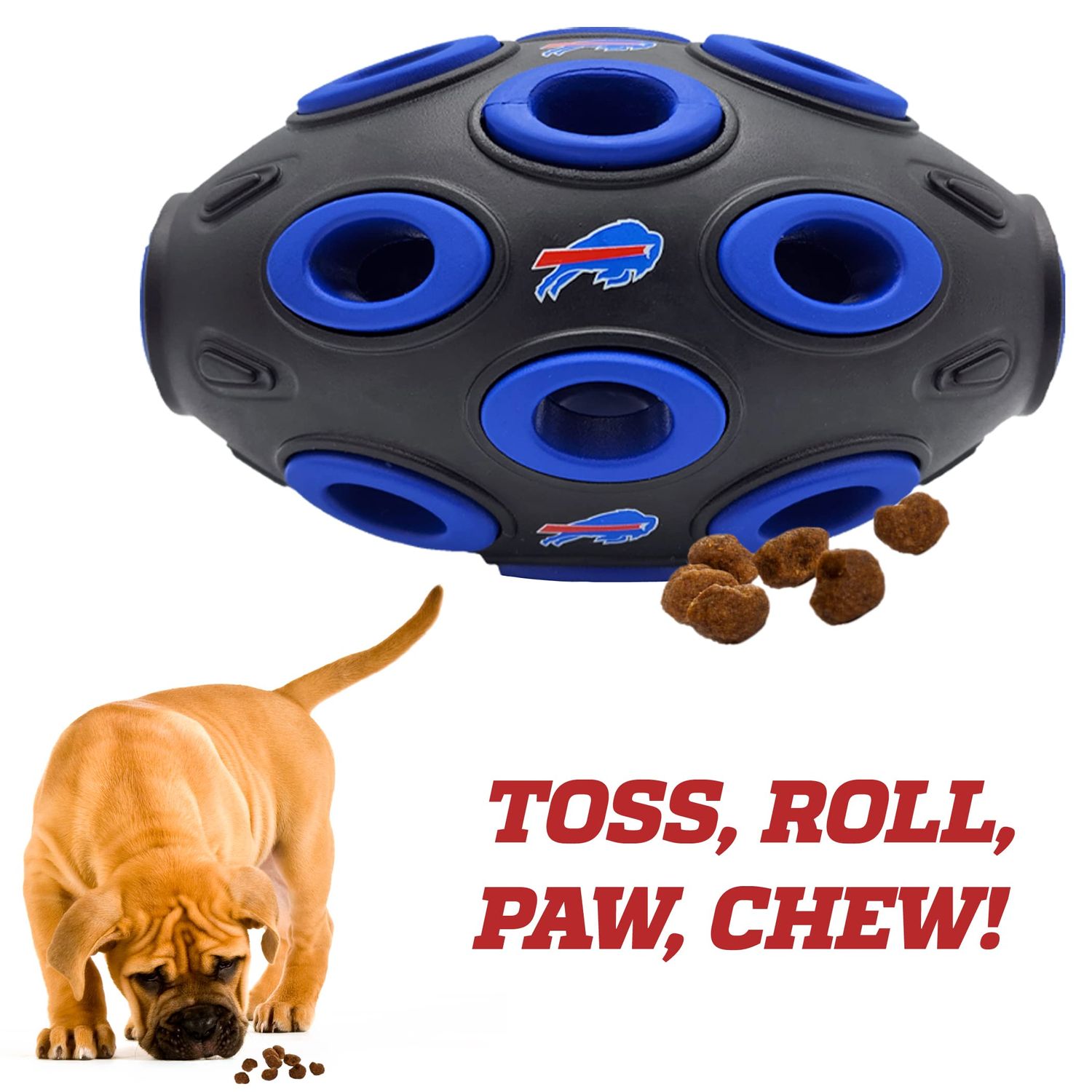 NFL Buffalo Bills Football Treat Dispensing Toy for Dogs and Cats, Rubber Ball Dog Toy, Interactive Fun Dog Treat Toy, Natural Rubber Dog Feeding Toy
