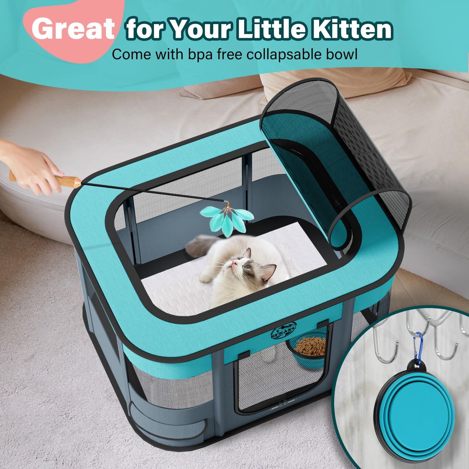 Dog Playpen, Puppy Play Pen Indoors Pet Playpens Outdoor Small Dogs Portable Foldable Crate Kennel House for Medium Large Cats Rabbit Guinea Pig Hamster Kitten with Carrying Bag + Food Bowl (S)