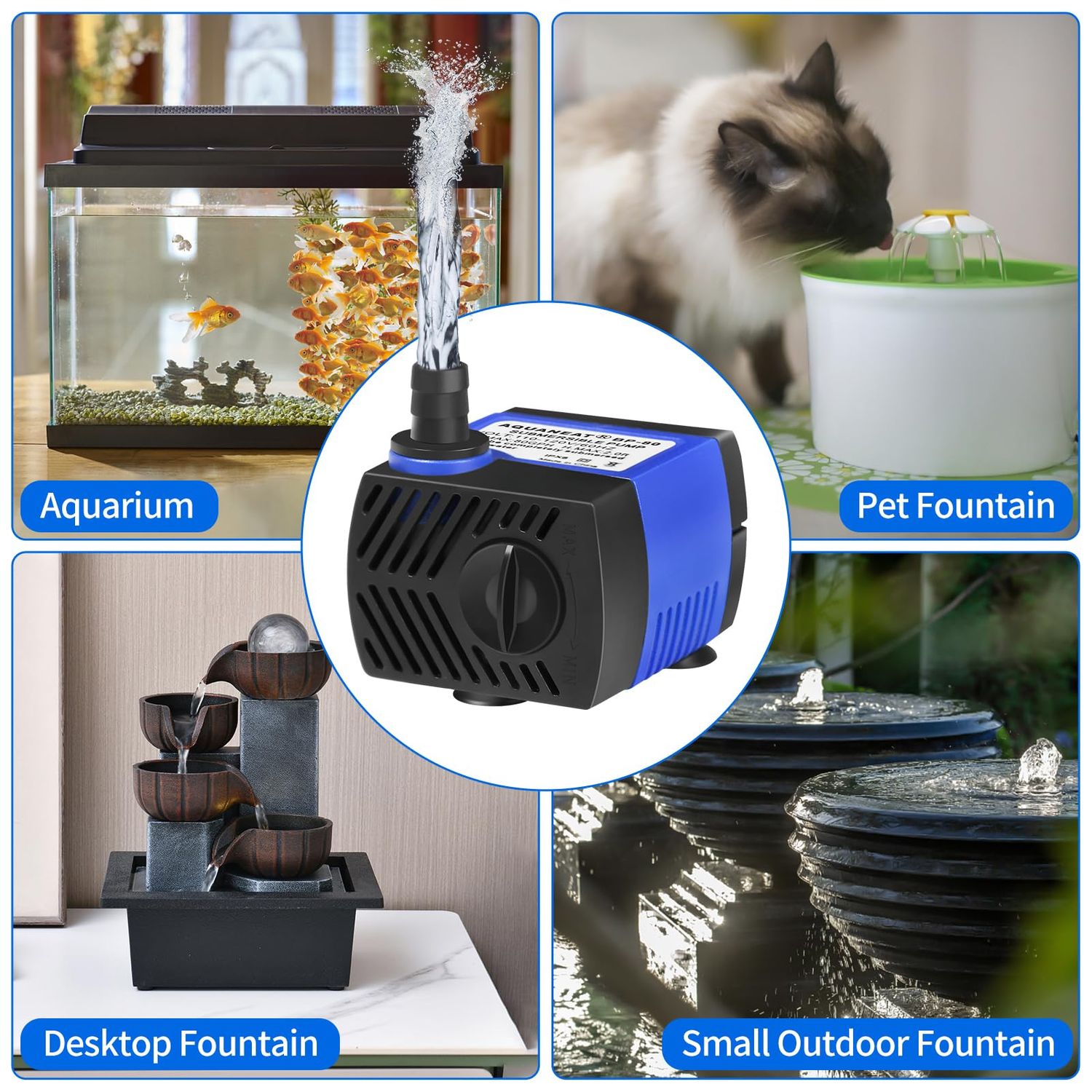 AQUANEAT Small Fountain Pump, 80 GPH Mini Submersible Water Pump with 3.3 ft Tubing, for Aquarium Fish Tank, Pet Water Fountain, Water Table, Waterfall