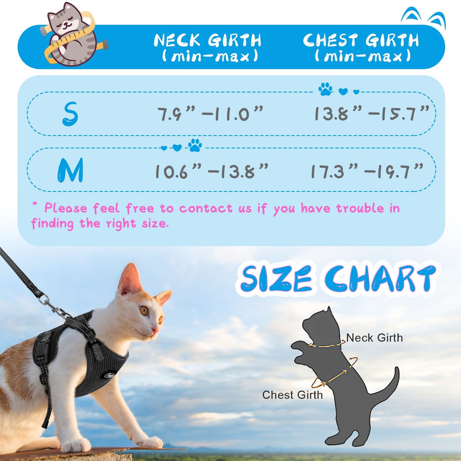 Supet Cat Harness and Leash Set for Small to Large Cats Adjustable Cat Vest Harness with Reflective Trim Universal Cat Leash and Harness for Cats/Puppies Outdoor Walking