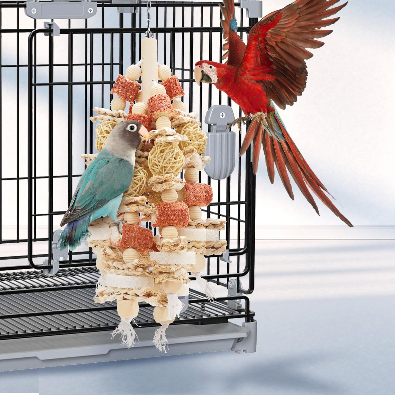kencunay Bird Toys That is 17.5 Inches in Length, Parrot Toy Designed for Chewing Features Natural Corn cob and Loofah Slices, Can Be Hung in Large and Medium-Sized Parrot Cages