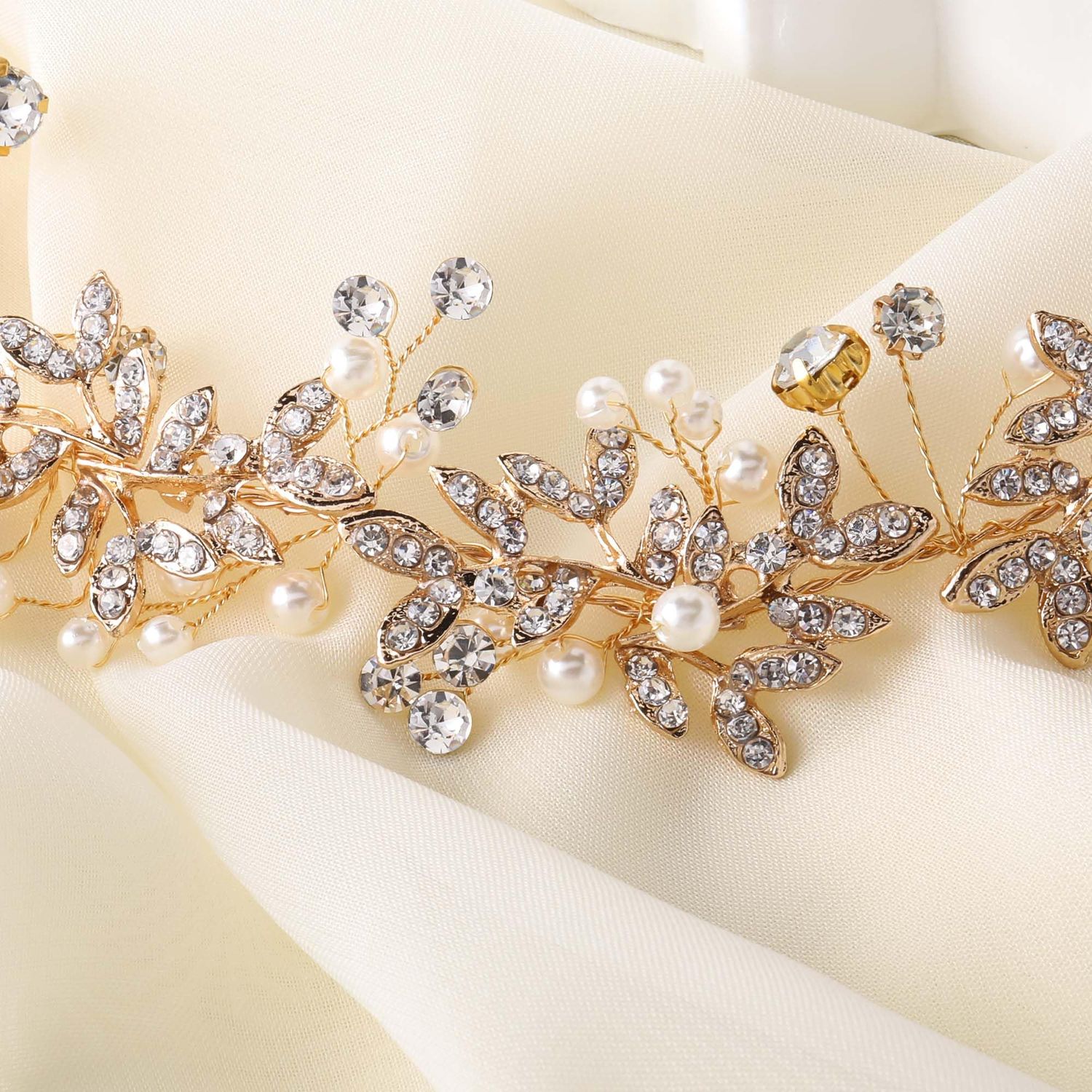 BABEYOND Bridal Headpiece Handmade Wedding Hair Vine Bead Crystal Floral Leaf Headband with Lace Ribbon