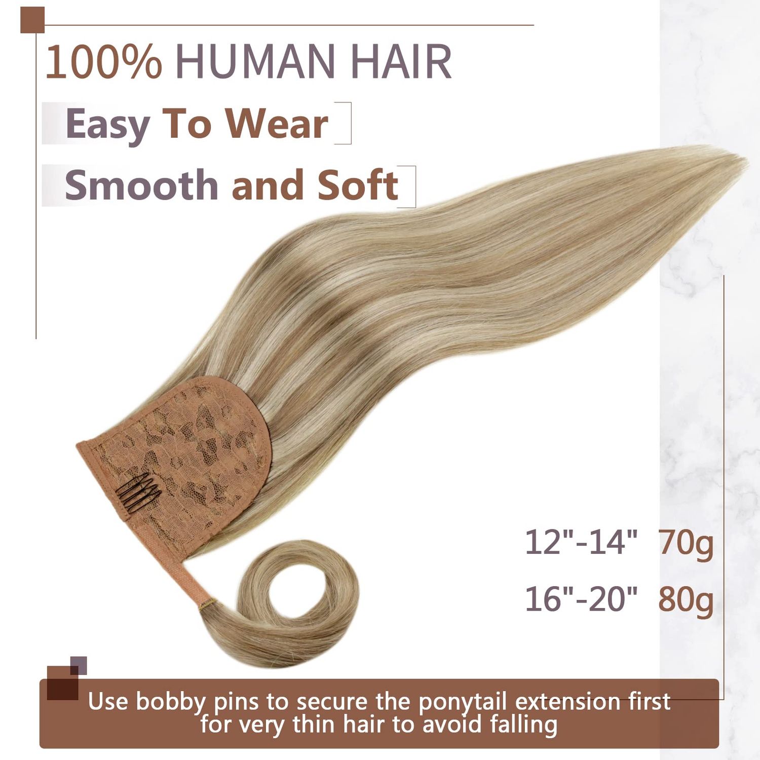 RUNATURE Ponytail Hair Extensions Human Hair 20 Inch 80g Straight Ponytail Human Hair Extensions with Clips Light Brown with Platinum Blonde Natural Wrap Around Ponytail Extension Long Hair Full Ends