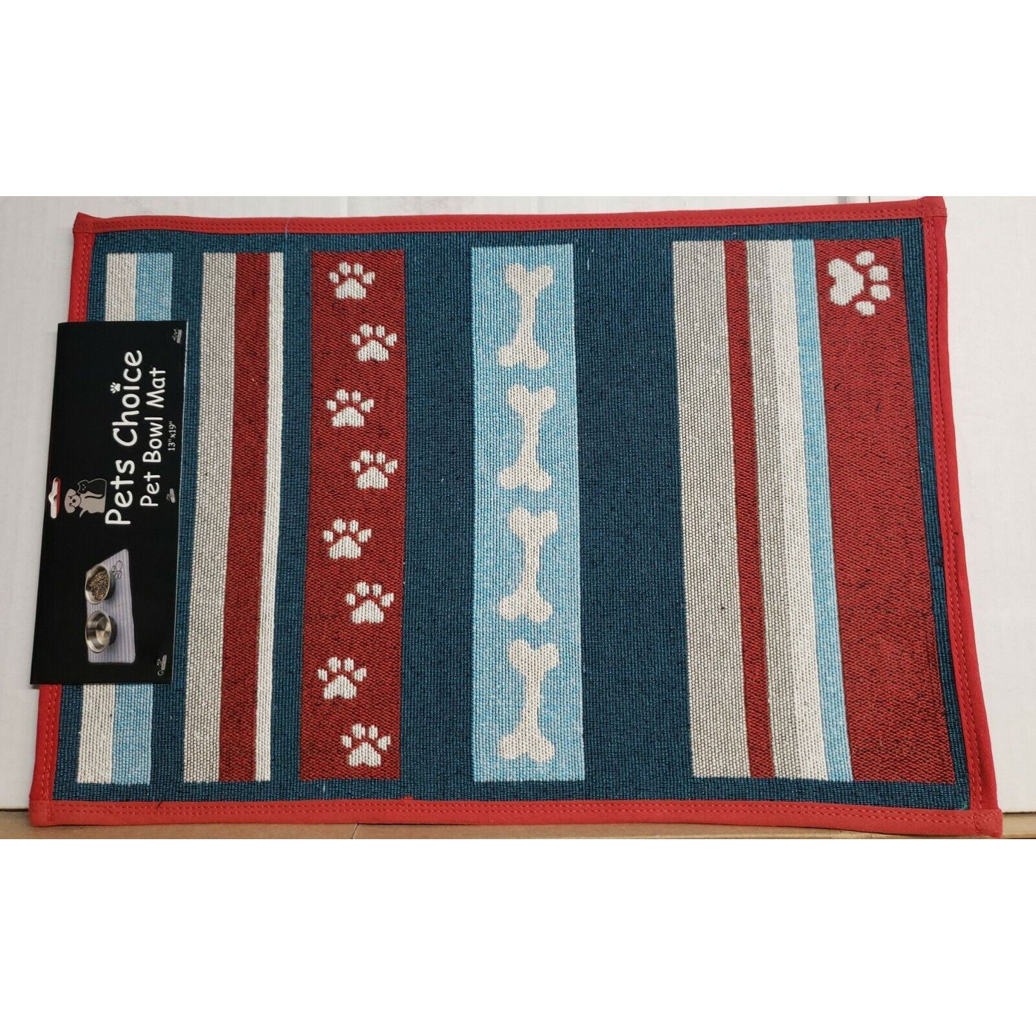 TAPESTRY PET BOWL MAT (nonskid back)(13"x19") PETS THEME, MULTICOLOR STRIPES, HC