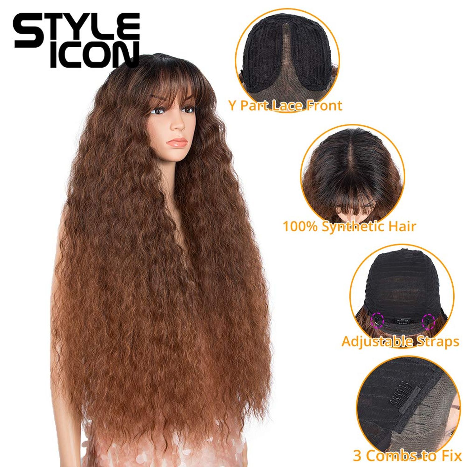 Style Icon Y Part Lace Wigs 32" Middle Part Lace Front Wigs Synthetic Wigs Ombre Lace Wig Density 130% (Y-Part Lace Wigs, TAT1B/33D/130E)