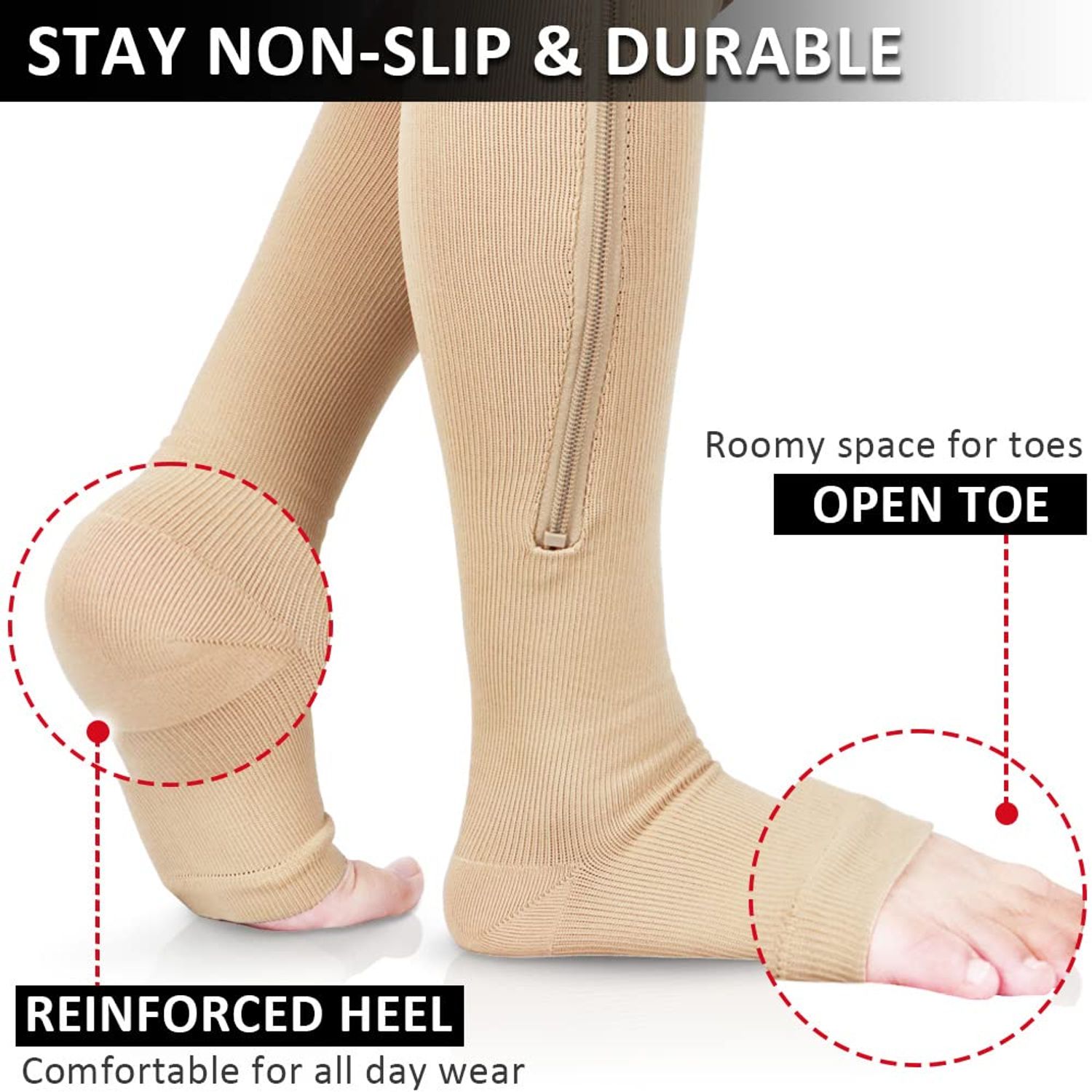 Ailaka Medical Zipper Compression Socks, 15-20 mmHg Knee High Open Toe Compression Socks for Men Women, Support Socks for Varicose Veins, Edema