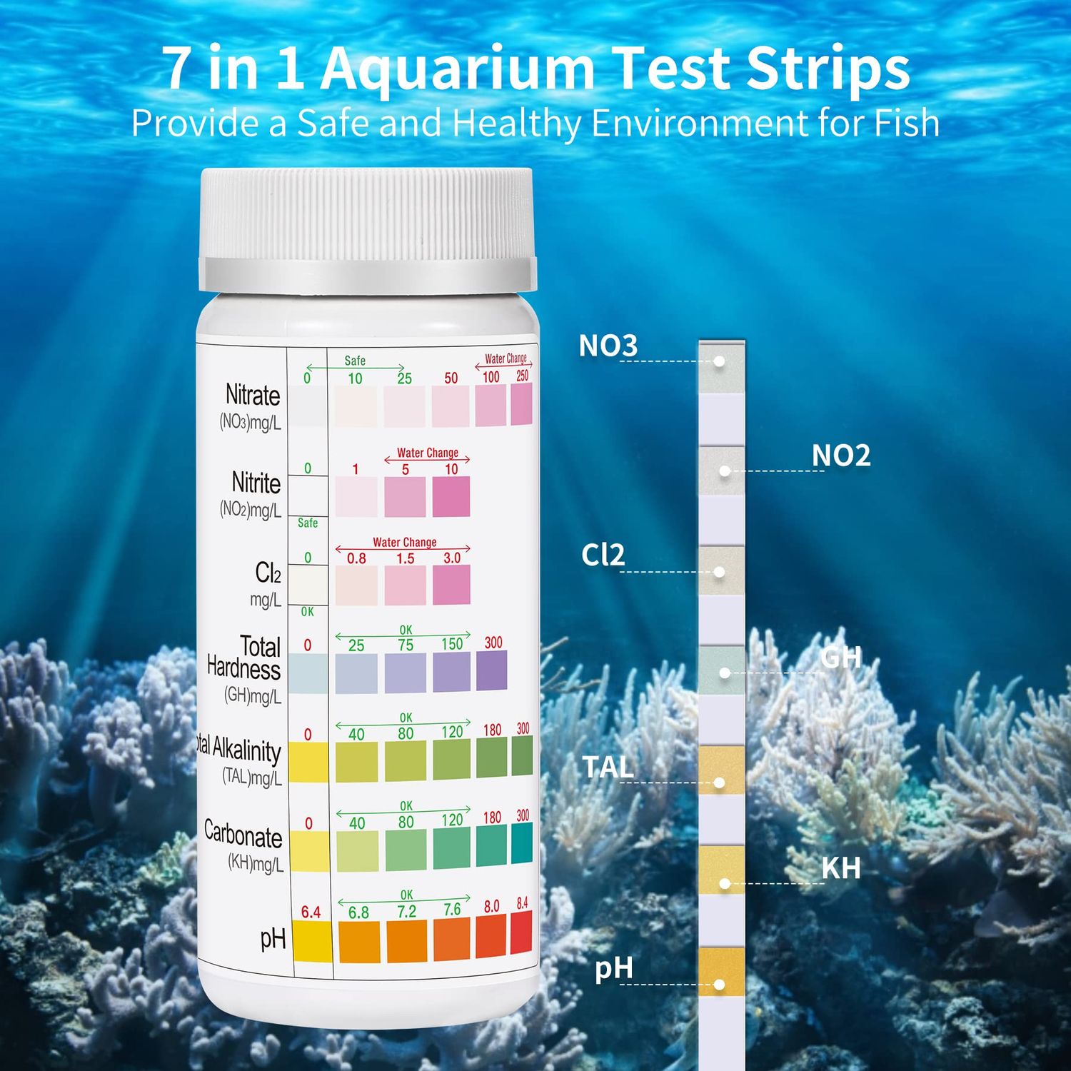 Aquarium Test Strips for Fish Tank: 7-Way 150 Strips Aquarium Water Test Kit Freshwater Saltwater Testing pH Nitrate