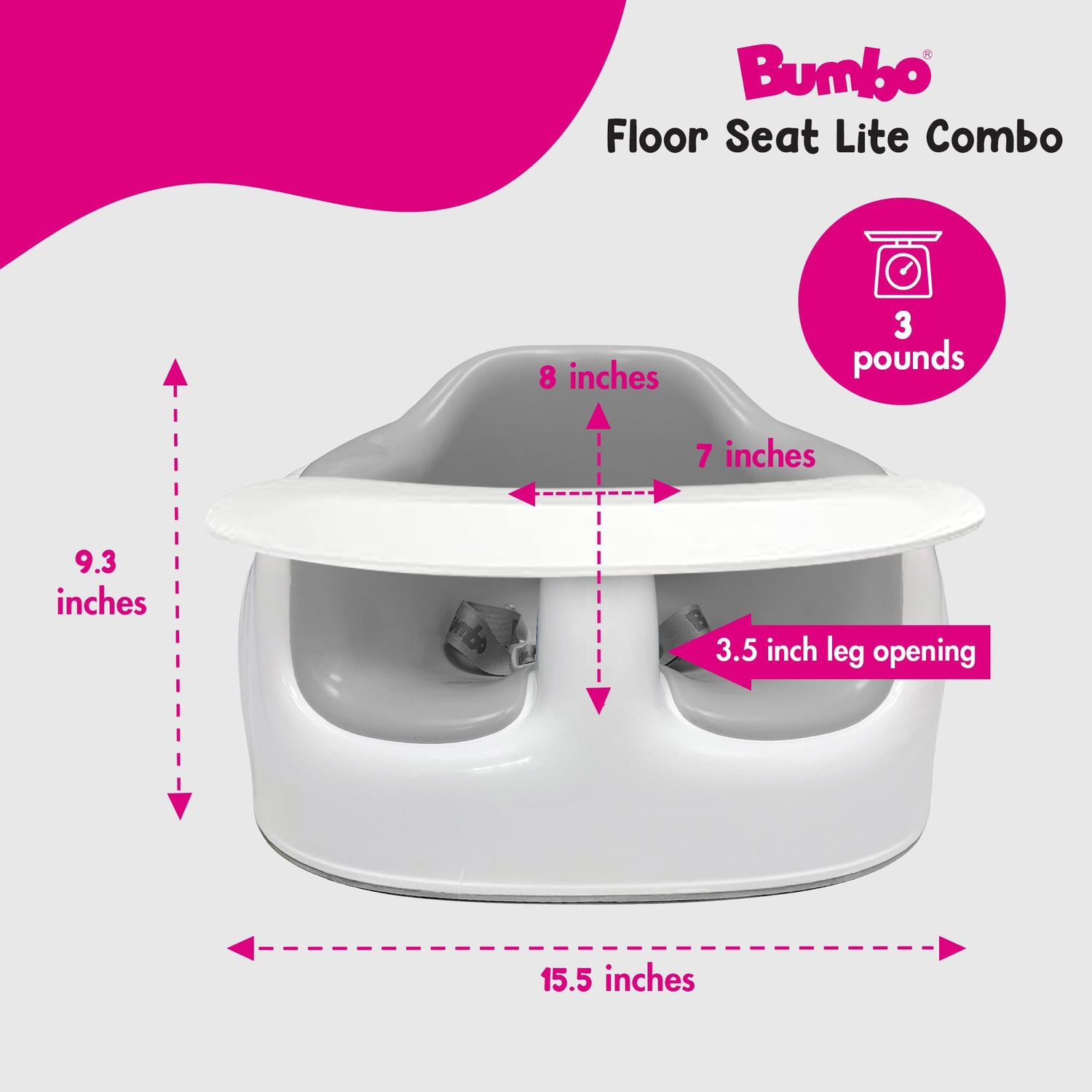 Bumbo Floor Seat LITE Combo with Cushioned Seat and Safety Strap with Detachable Feeding and Playtime Essentials Tray Accessory, Cool Grey