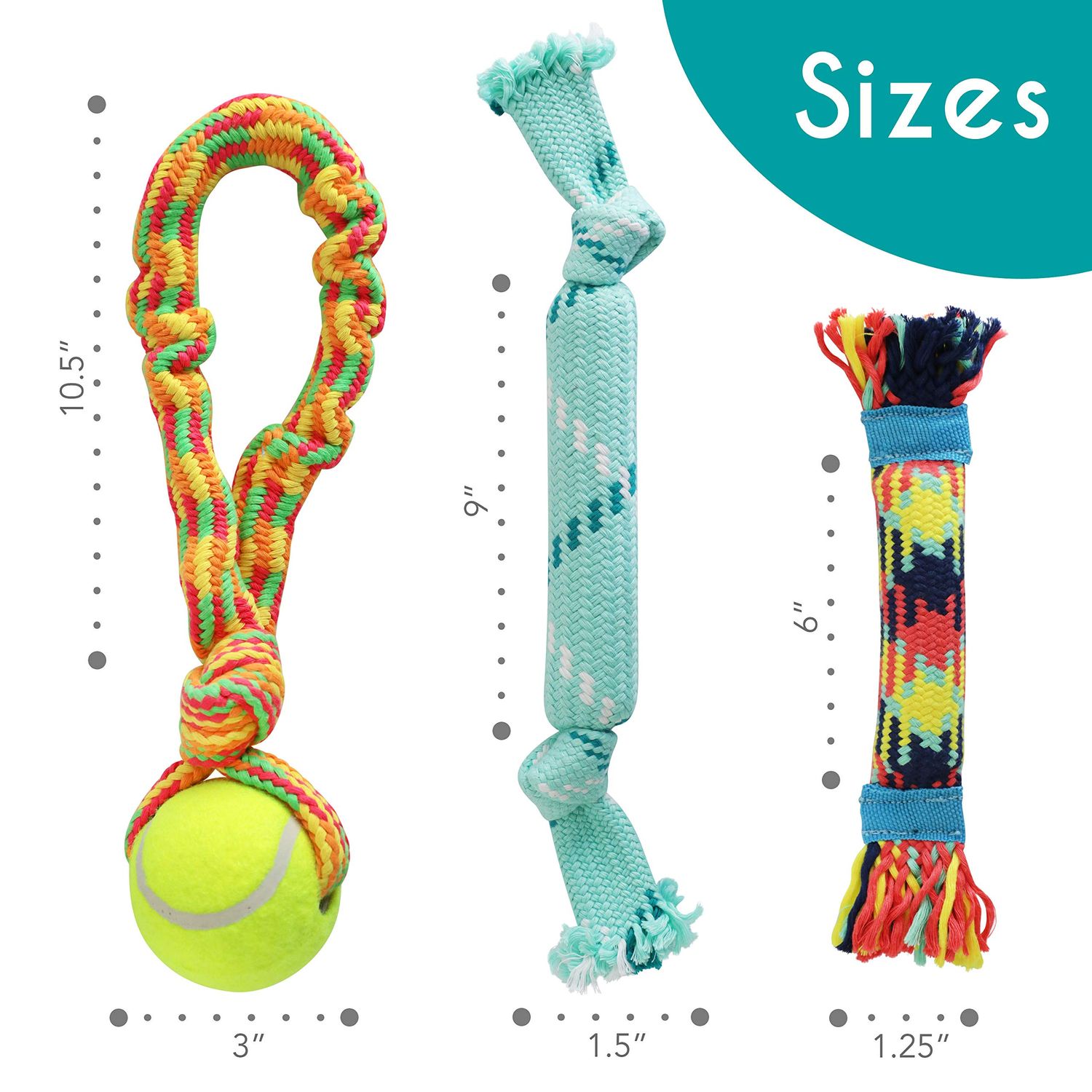rocket & rex 3-Pack Dog Toy Set, Dog Rope Toys | Small to Medium Breeds | Stretchy Dog Toy Tug Rope, Tug of War Toy, Rubber and Crackle for Extra Chewing Fun | Dog Stocking Stuffer