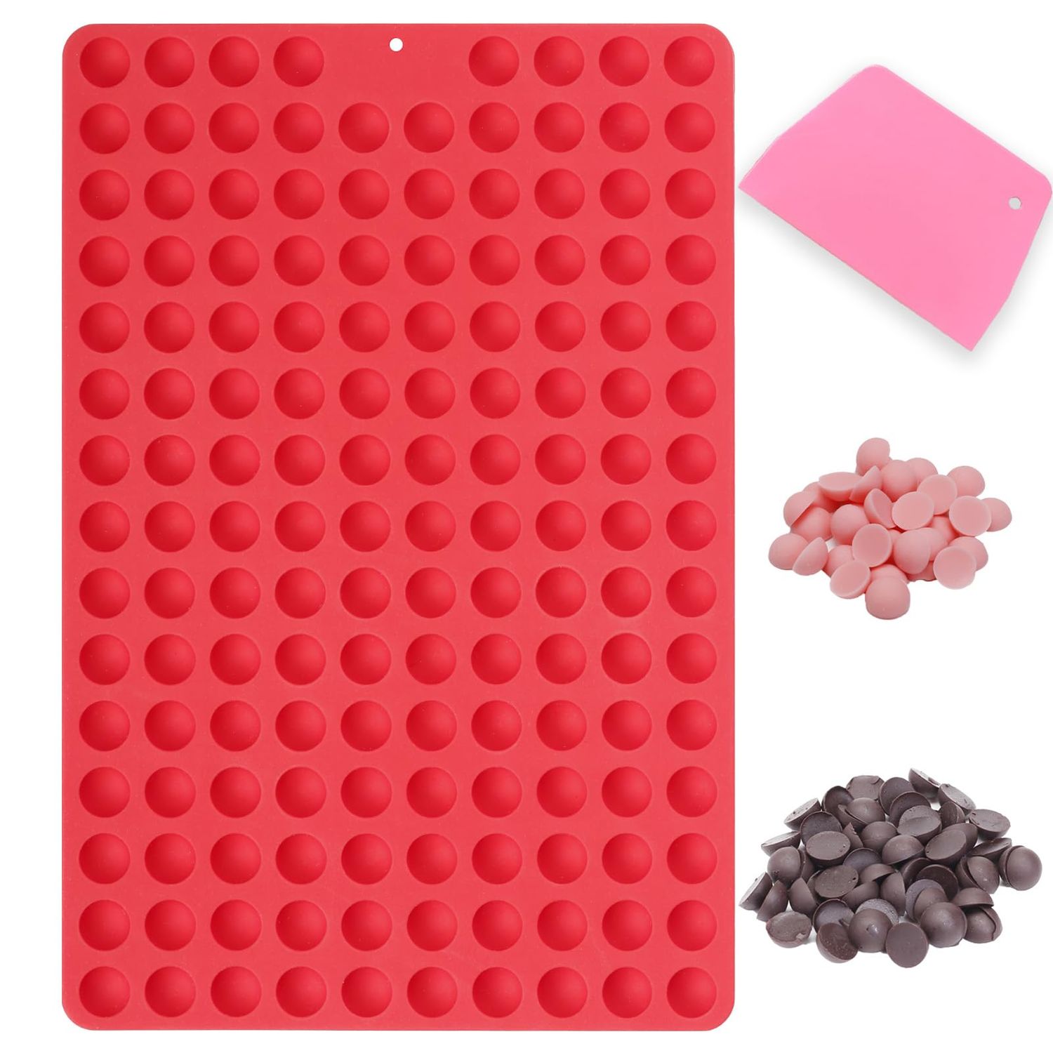 Amyandone Mini Round Silicone Molds, 148 Cavities Semi Sphere Chocolate Candy Mold for Baking and Freezing Chocolate Chip/Gumdrop/Cookie/Dog Treat/Cake Decor/Fruit Snack (with a Scraper)