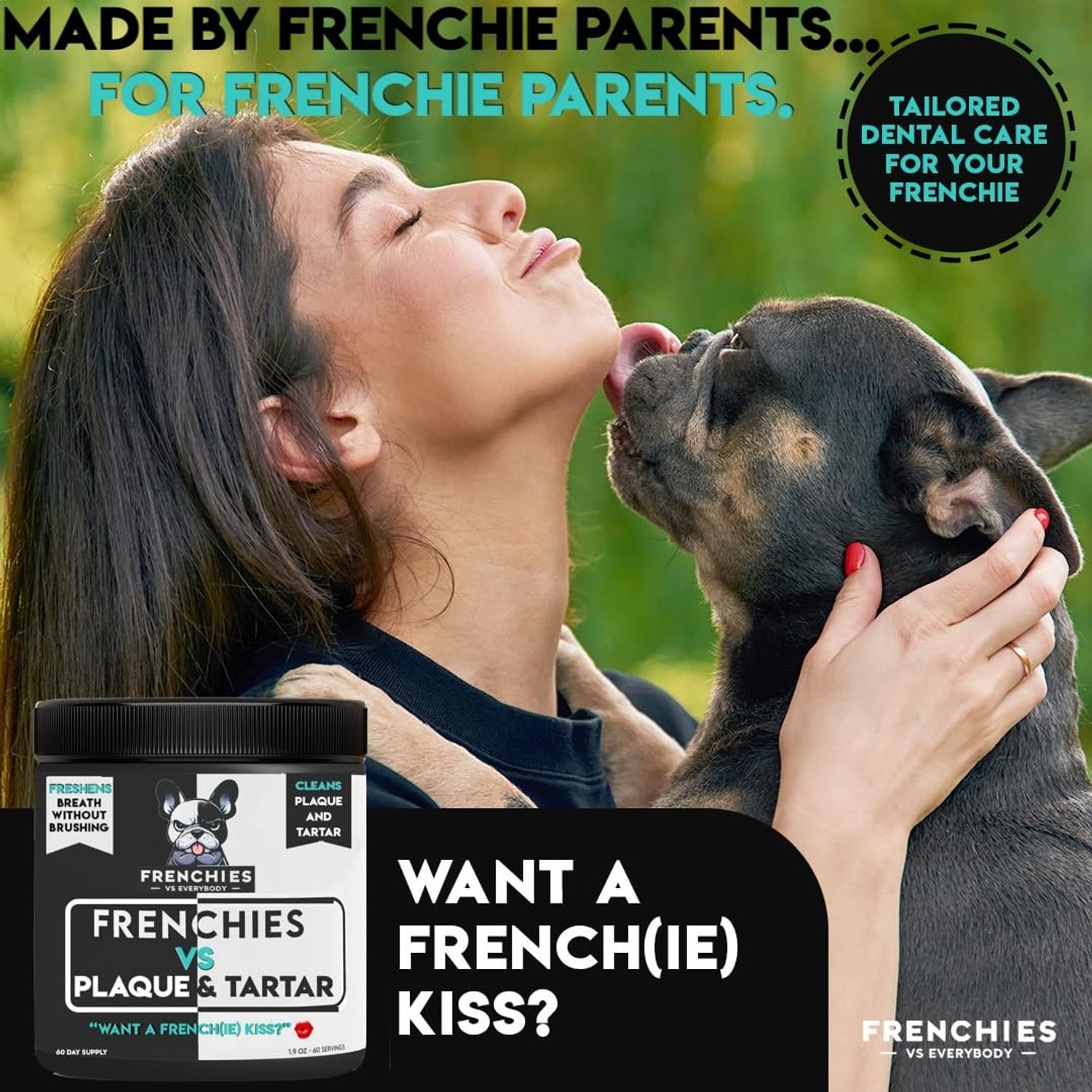 French Bulldog Optimized Dog Teeth Cleaning Powder Plaque Remover & Tartar Control - Dog Breath Freshener Strong Teeth & Gums - Dog Dental Powder Easy Teeth Cleaning - Herbal Blend - USA (60 Scoops)