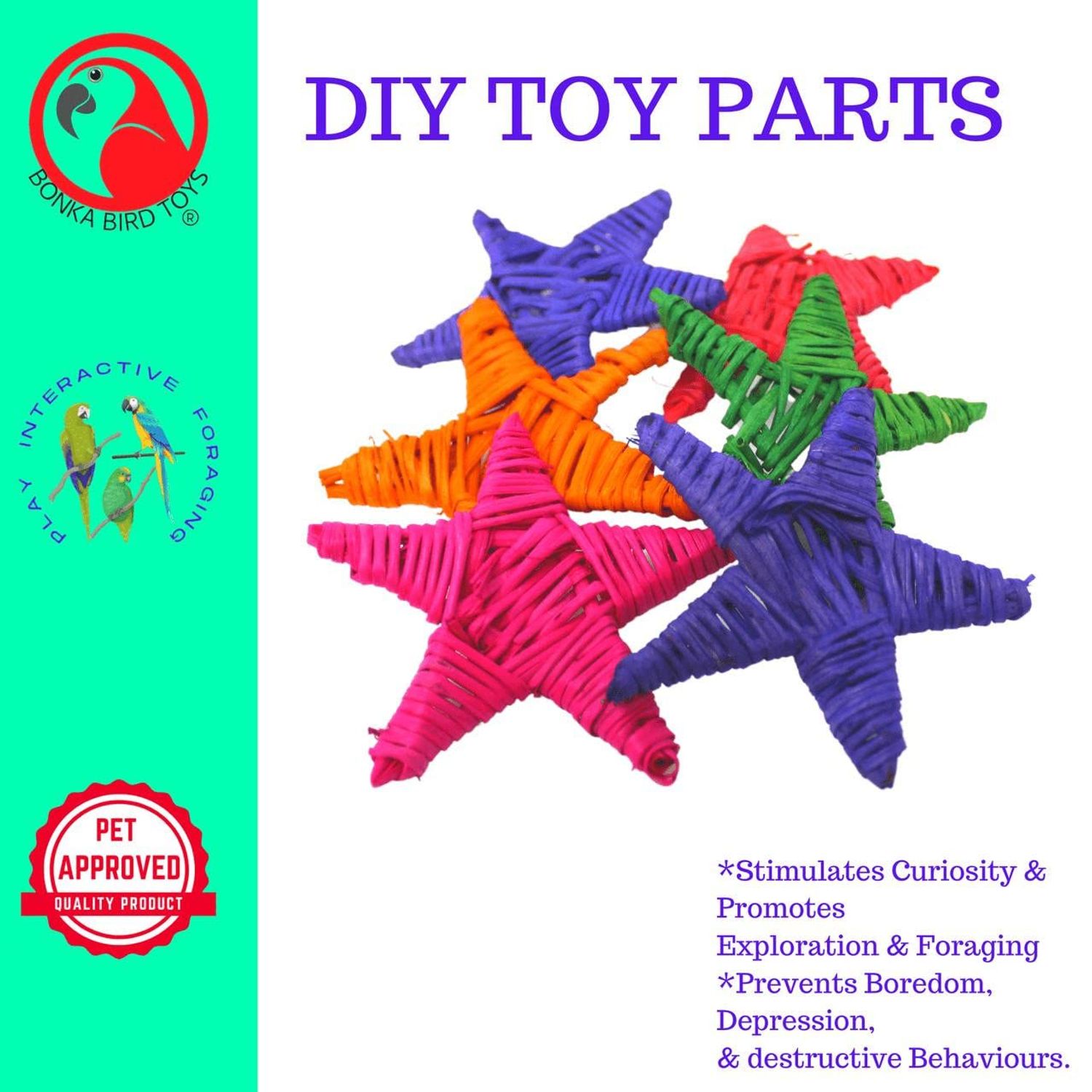 Bonka Bird Toys 3324 Pk6 Medium Color Vine Star Foot Talon Craft Part Parrot Cage Toy, Conure, Ringneck, African Grey, and Similar Breed Sizes