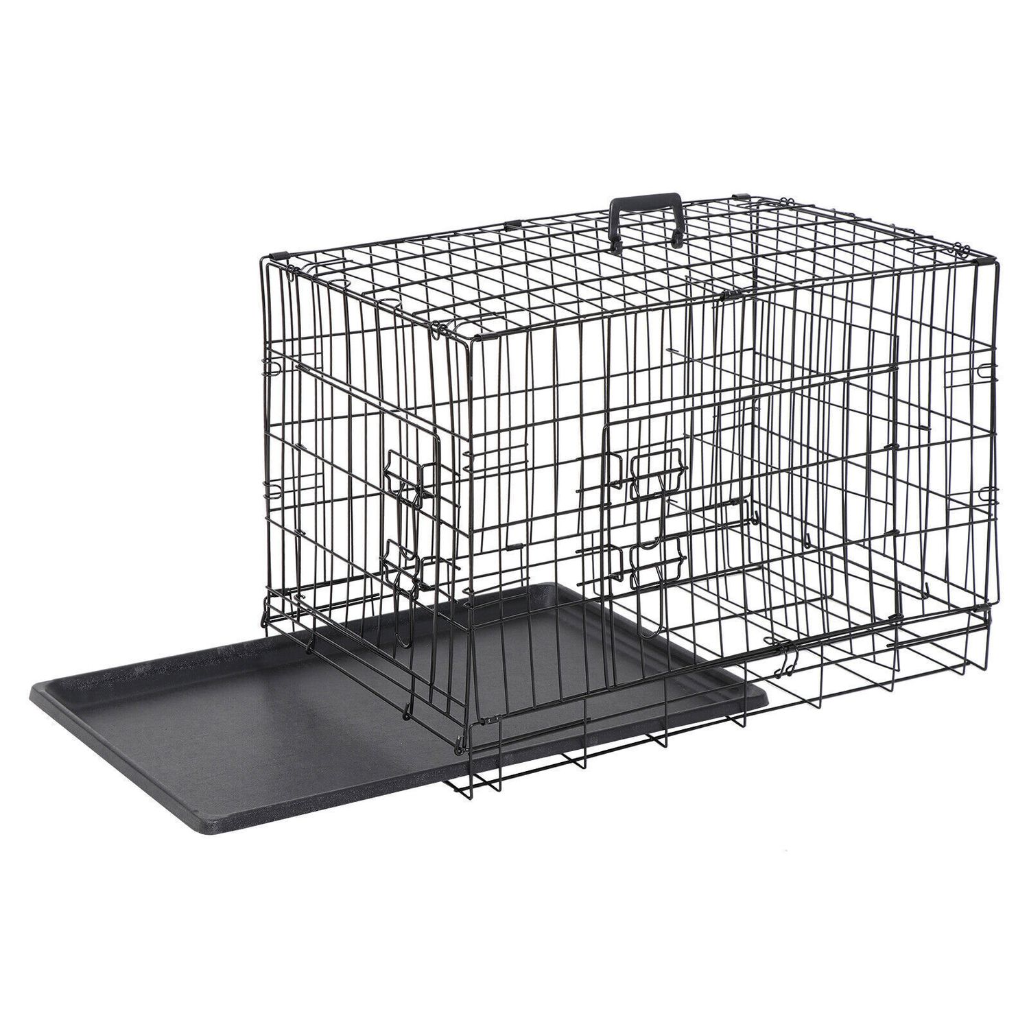 30" Durable Dog Crate Kennel 2 Door Folding Metal Pet Cat Cage with Tray Black