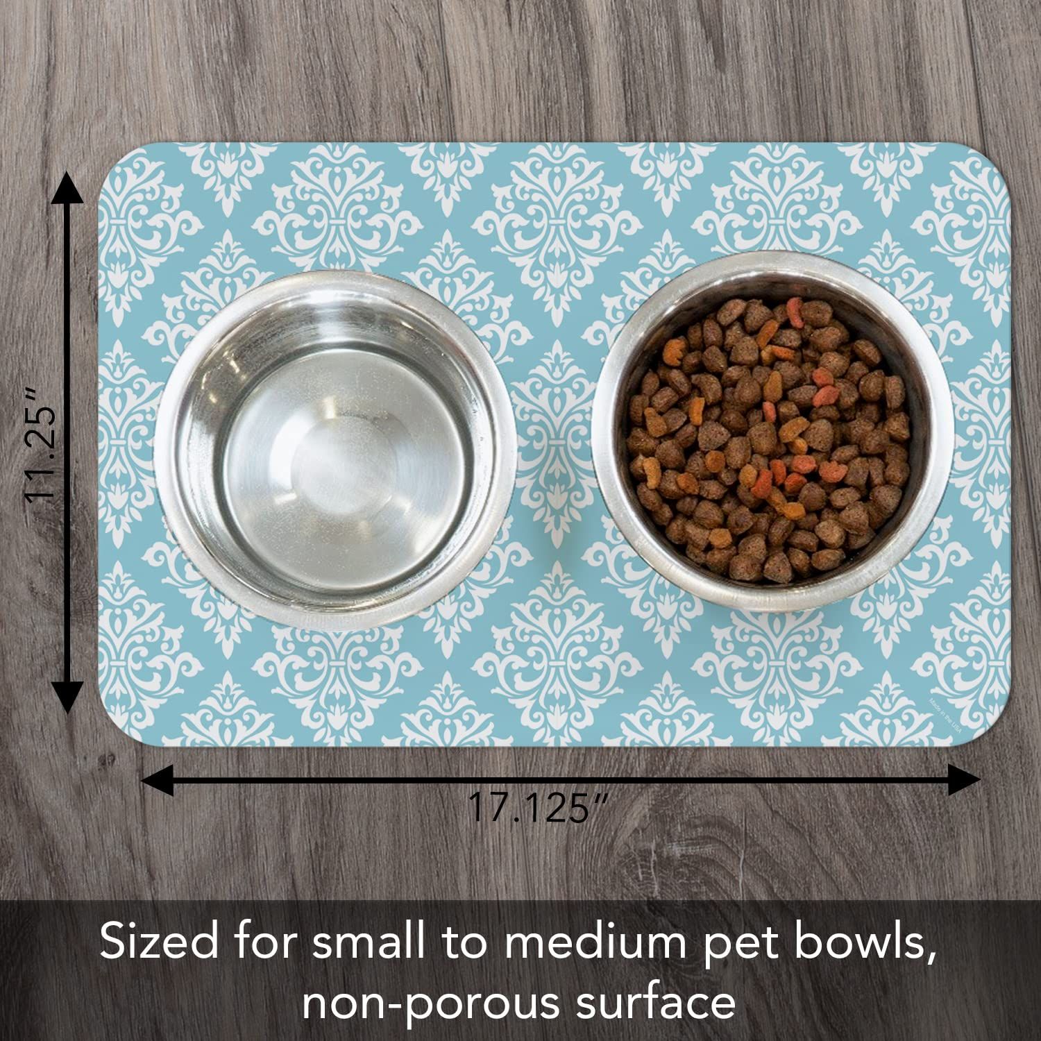 CounterArt Damask Easy Care Waterproof Pet Placemat 17.13” x 11.25” Made in The USA of BPA Free Plastic, Safe for Pets, Protects Floors from Cat & Dog Bowls
