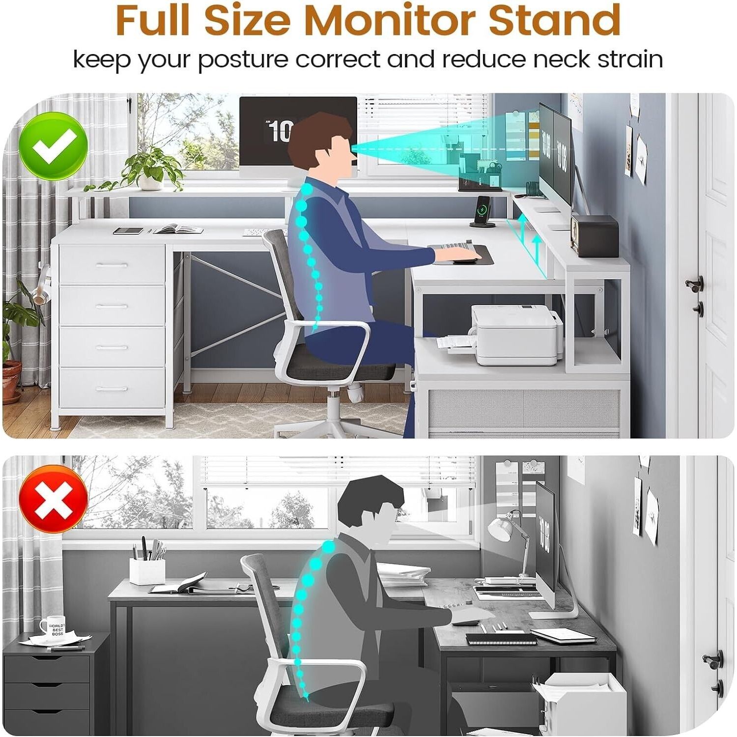 L Shaped Desk with 6 Drawers &Monitor Shelf, Gaming Desk with Led Lights (White)