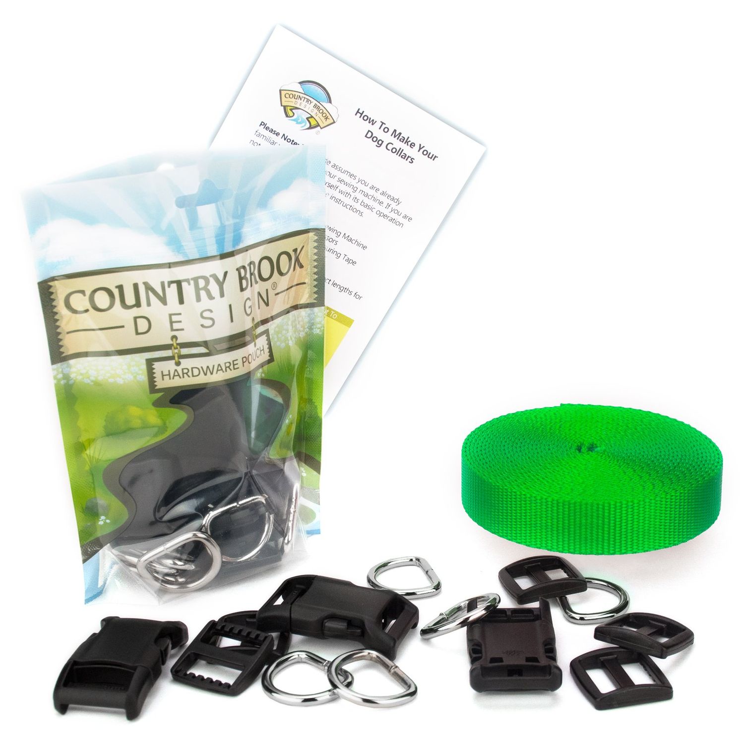 Country Brook Design - Easy DIY Dog Collar Kit Makes (10) 1 Inch Collars with Hot Lime Green Nylon Webbing