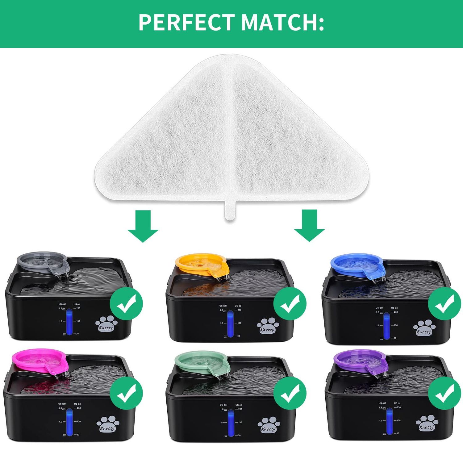 Replacement Filters for 230oz Dog Water Fountain, Made of Activated Carbon and PP Cotton, Kastty Food Grade Water Fountain Filters, 6pes Filter + 6pes Mesh + 6pes Sponge